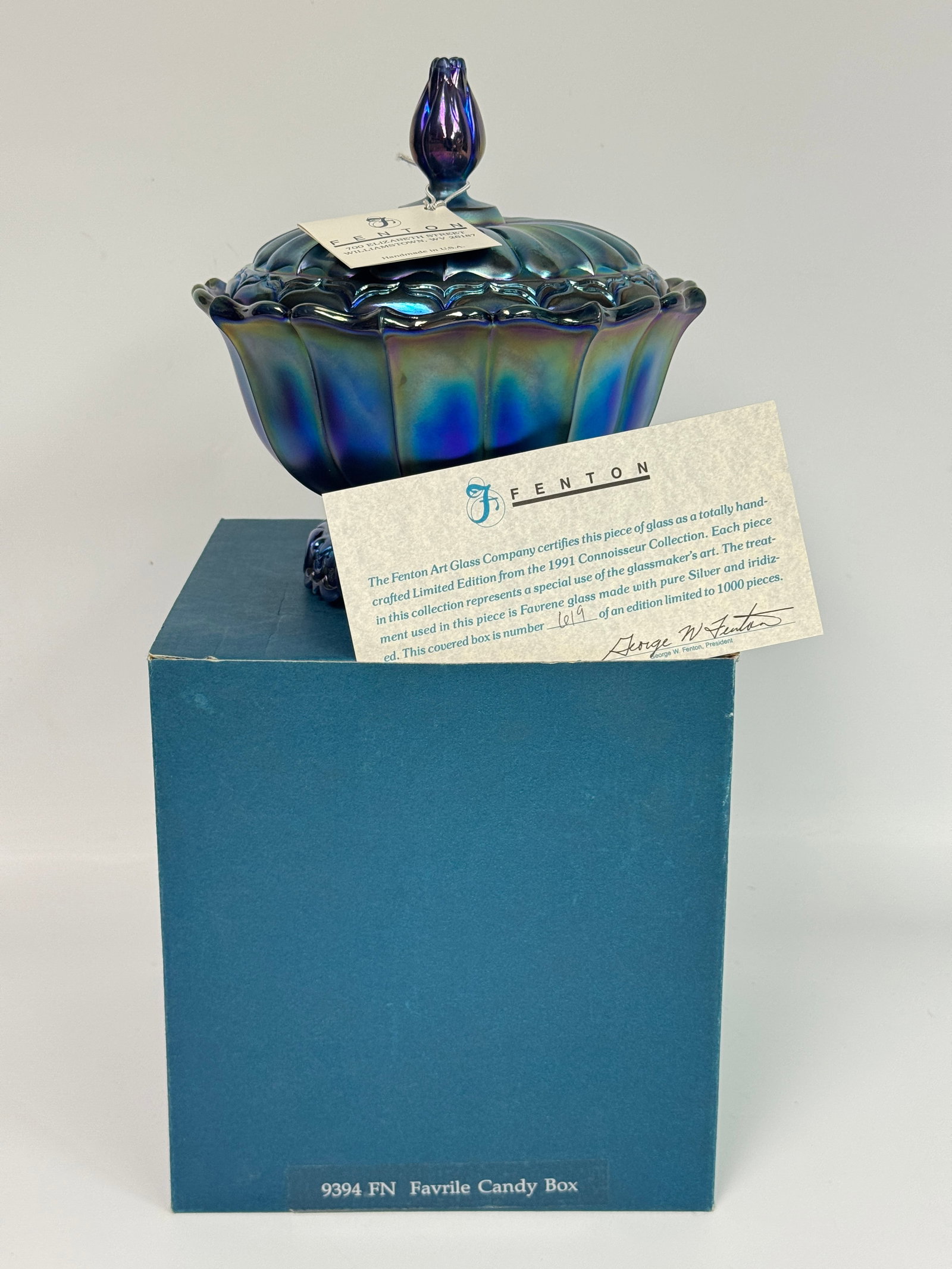 FENTON 9394 FAVRILE CANDY BOX UNUSED: REMAINS IN EXCELLENT UNUSED CONDITION WITH ORIGINAL BOX AND PAPERWORK.