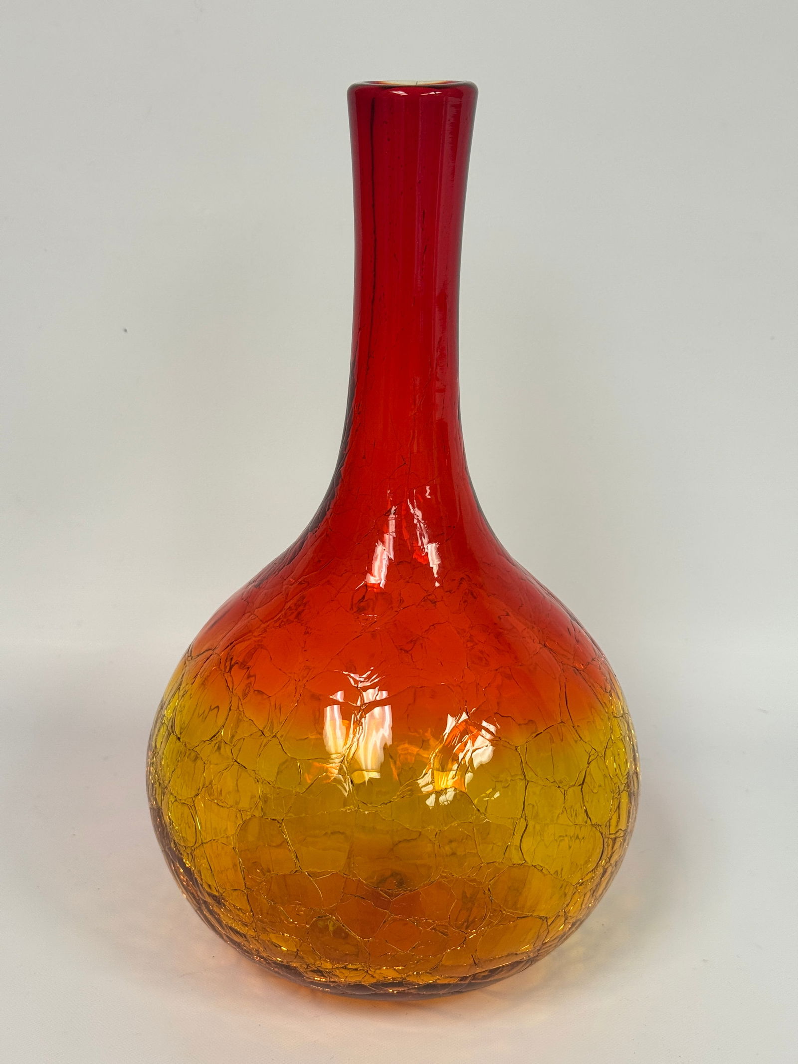 HAND BLOWN AMBERINA CRACKLE GLASS VASE: REMAINS IN VERY GOOD CONDITION, NO CHIPS OR CRACKS.