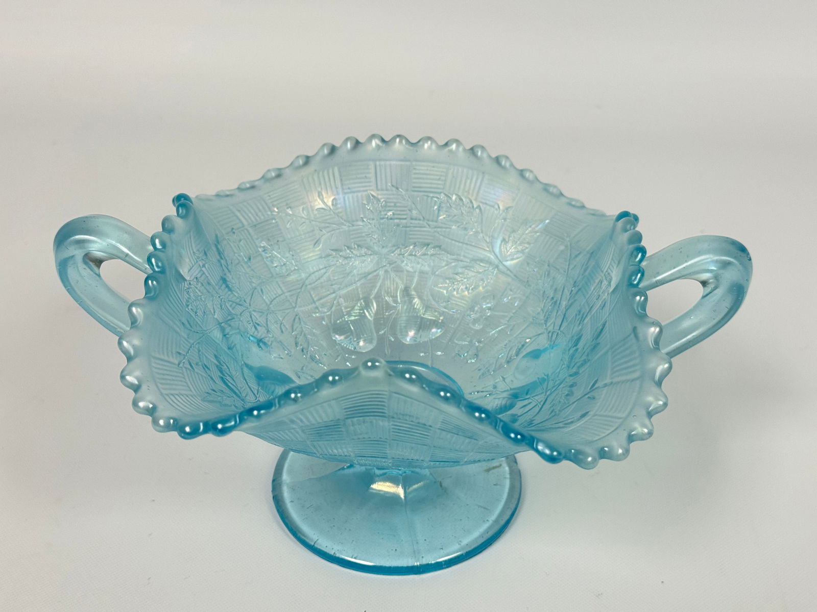 NORTHWOOD LT BLUE FRUITS & FLOWERS CARNIVAL GLASS BON  BON DISH (1 of 5)