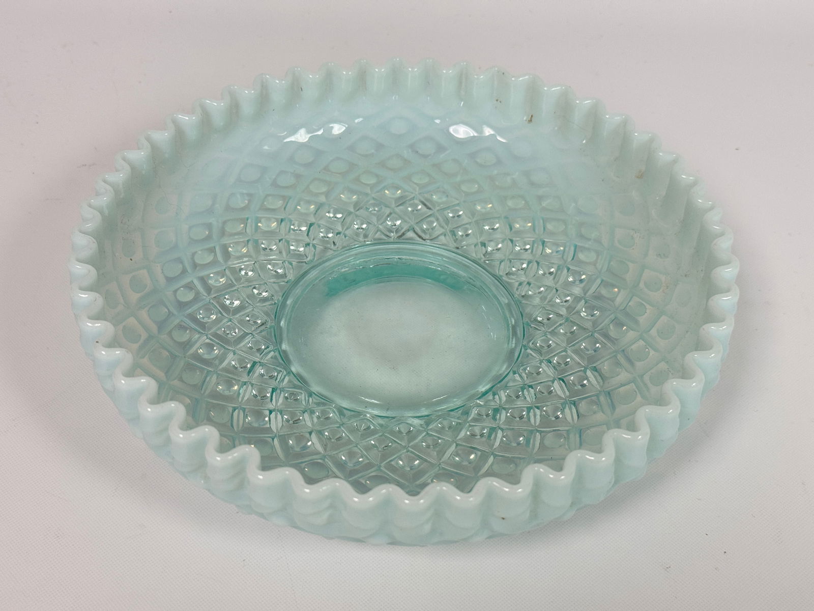 FENTON BLUE OPALESCENT HOBNAIL GLASS DISH: REMAINS IN GOOD CONDITION, NO CHIPS OR CRACKS.