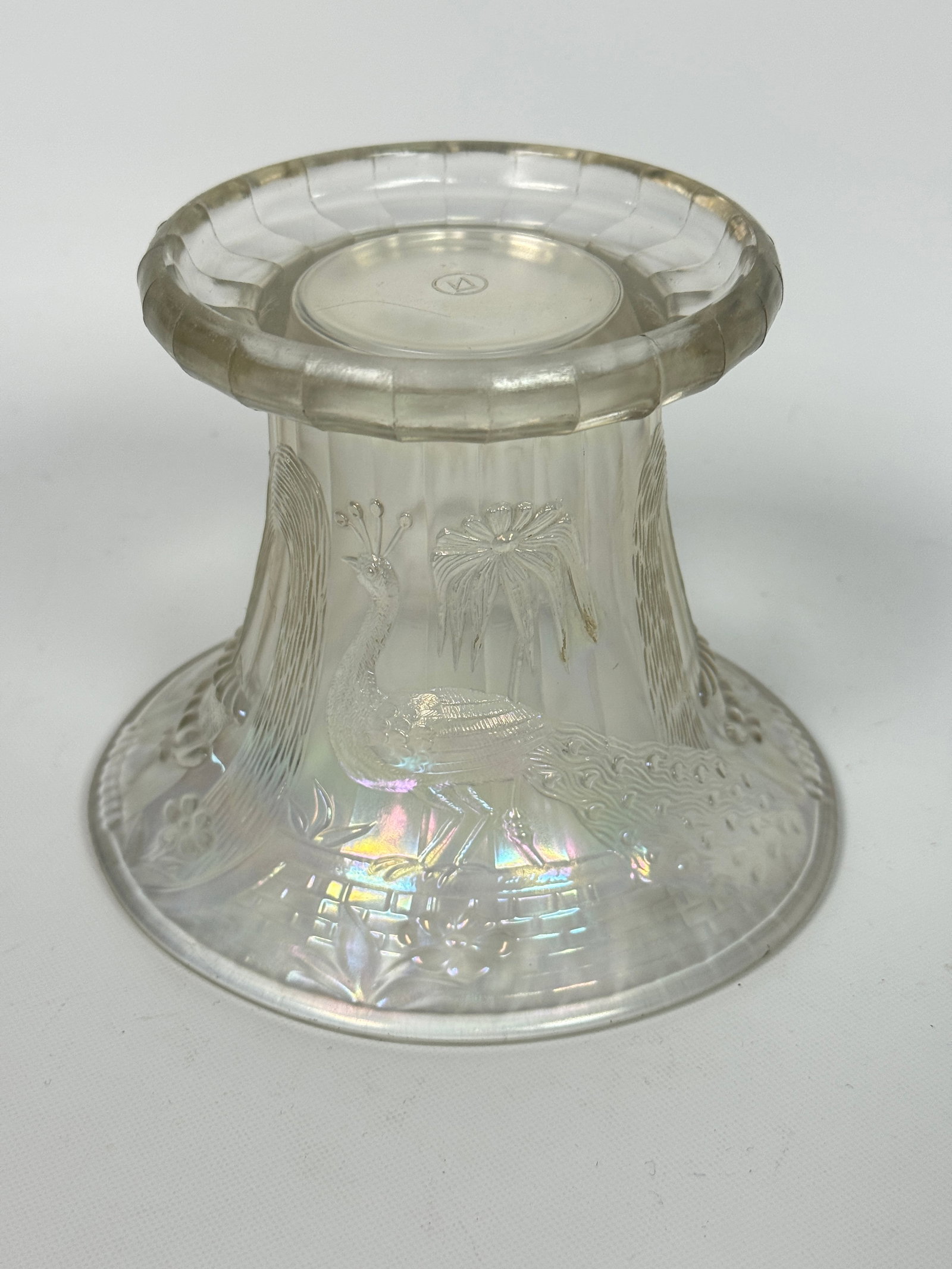 NORTHWOOD PEACOCK AT FOUNTAIN CARNIVAL GLASS PUNCH BOWL BASE: BASE PIECE ONLY REMAINS IN GOOD CONDITION, NO CHIPS OR CRACKS. NEEDS CLEANED.