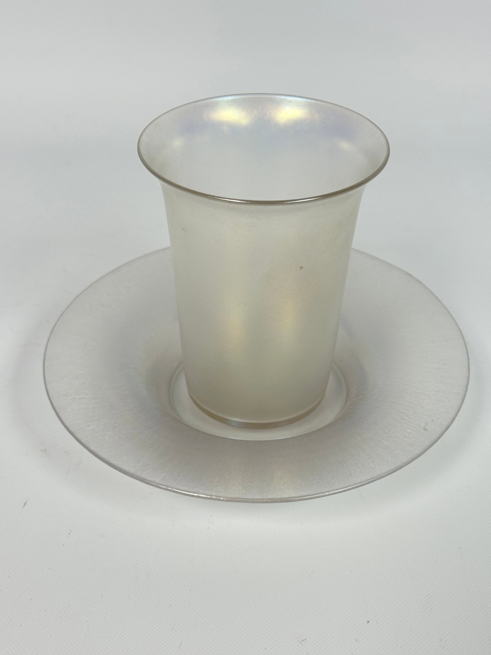 FROSTED IRIDESCENT HAND BLOWN GLASS & TUMBLER: BOTH REMAIN IN VERY GOOD CONDITION, NO CHIPS OR CRACKS.