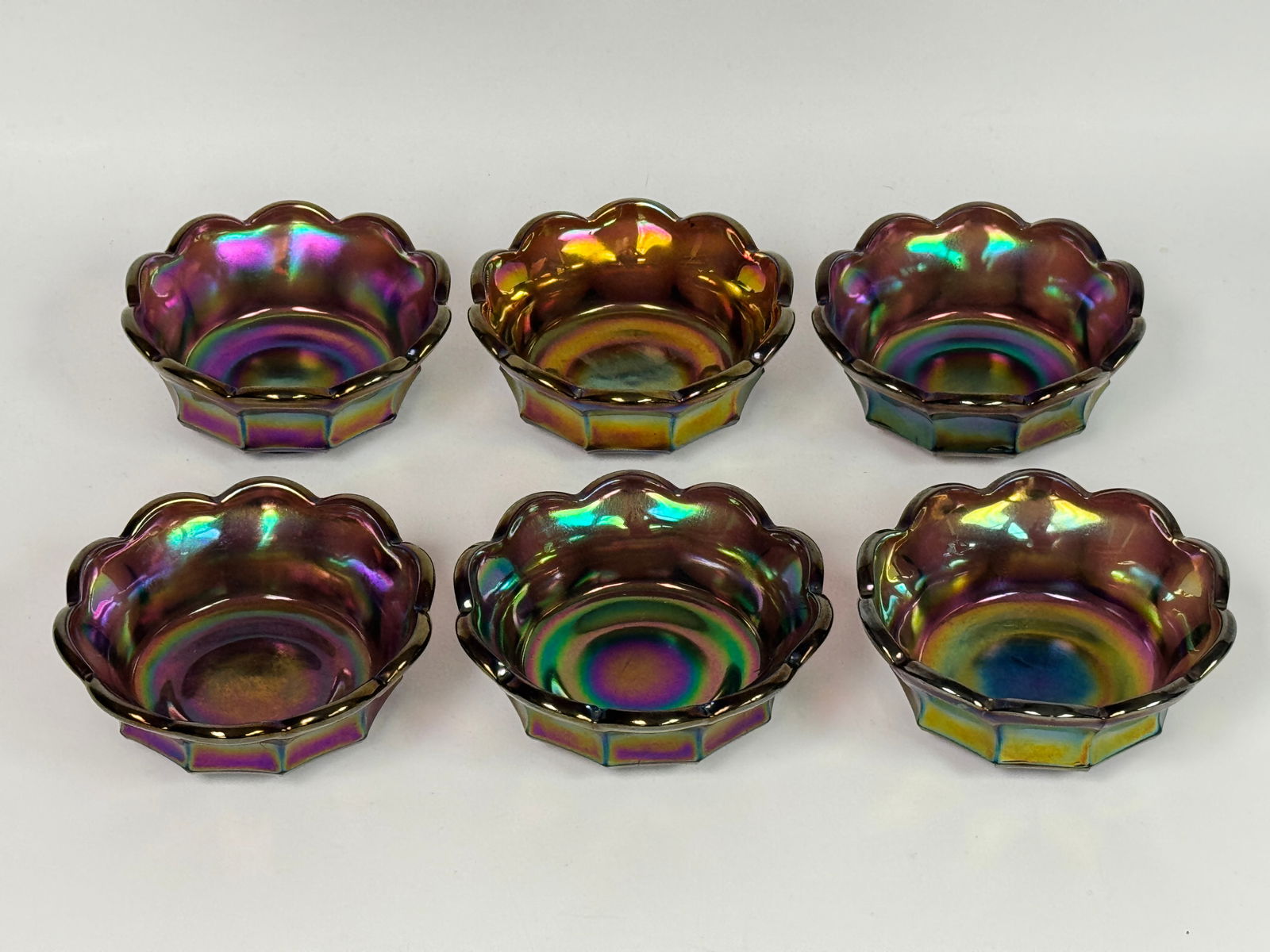 SET OF 6 AMETHYST CARNIVAL GLASS BERRY BOWLS: ALL REMAIN IN GOOD CONDITION, NO CHIPS OR CRACKS.
