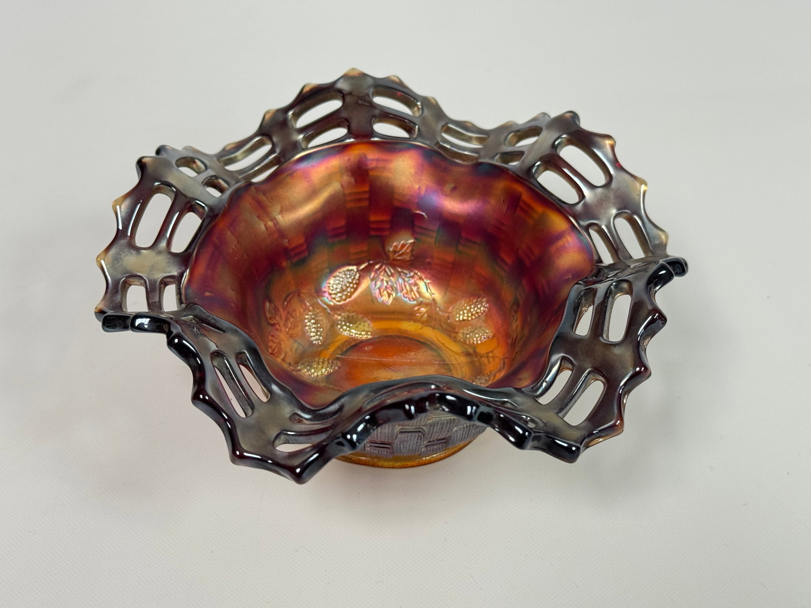 AMETHYST CARNIVAL GLASS RASPBERRY BASKET OPEN WORK (1 of 4)