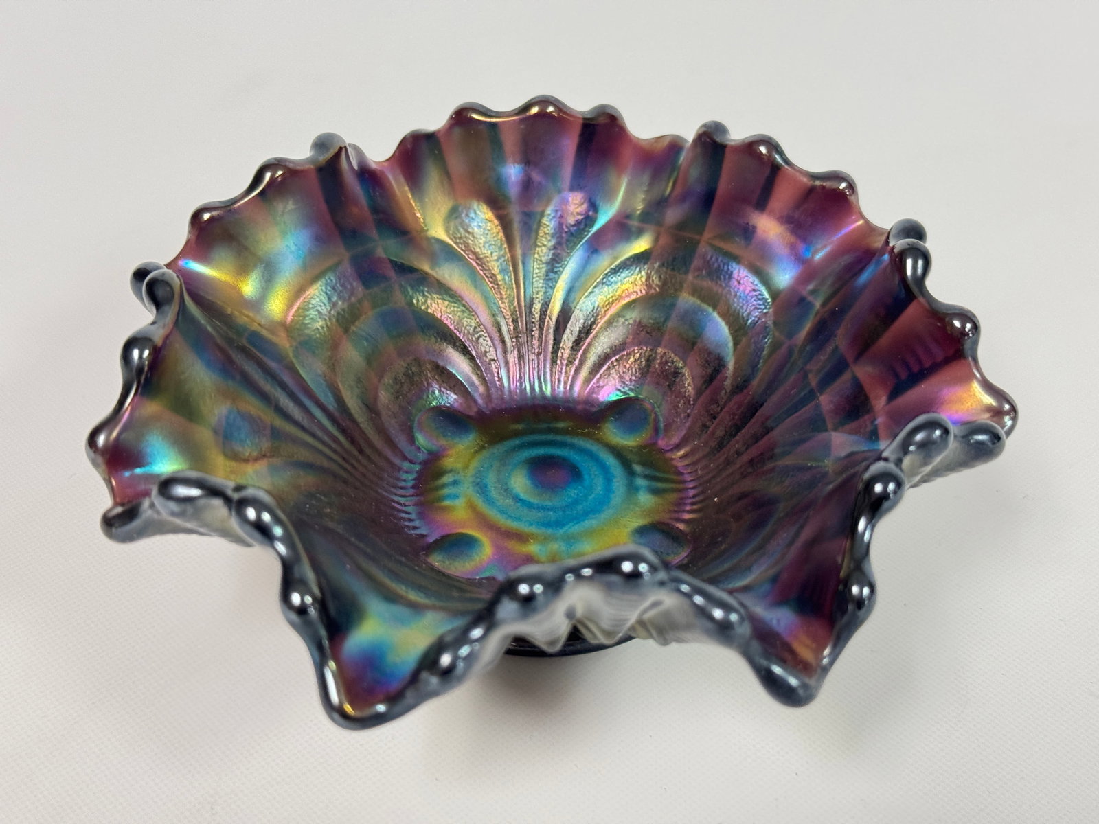 IMPERIAL CARNIVAL GLASS EMBOSSED SCROLL DESSERT DISH (1 of 4)
