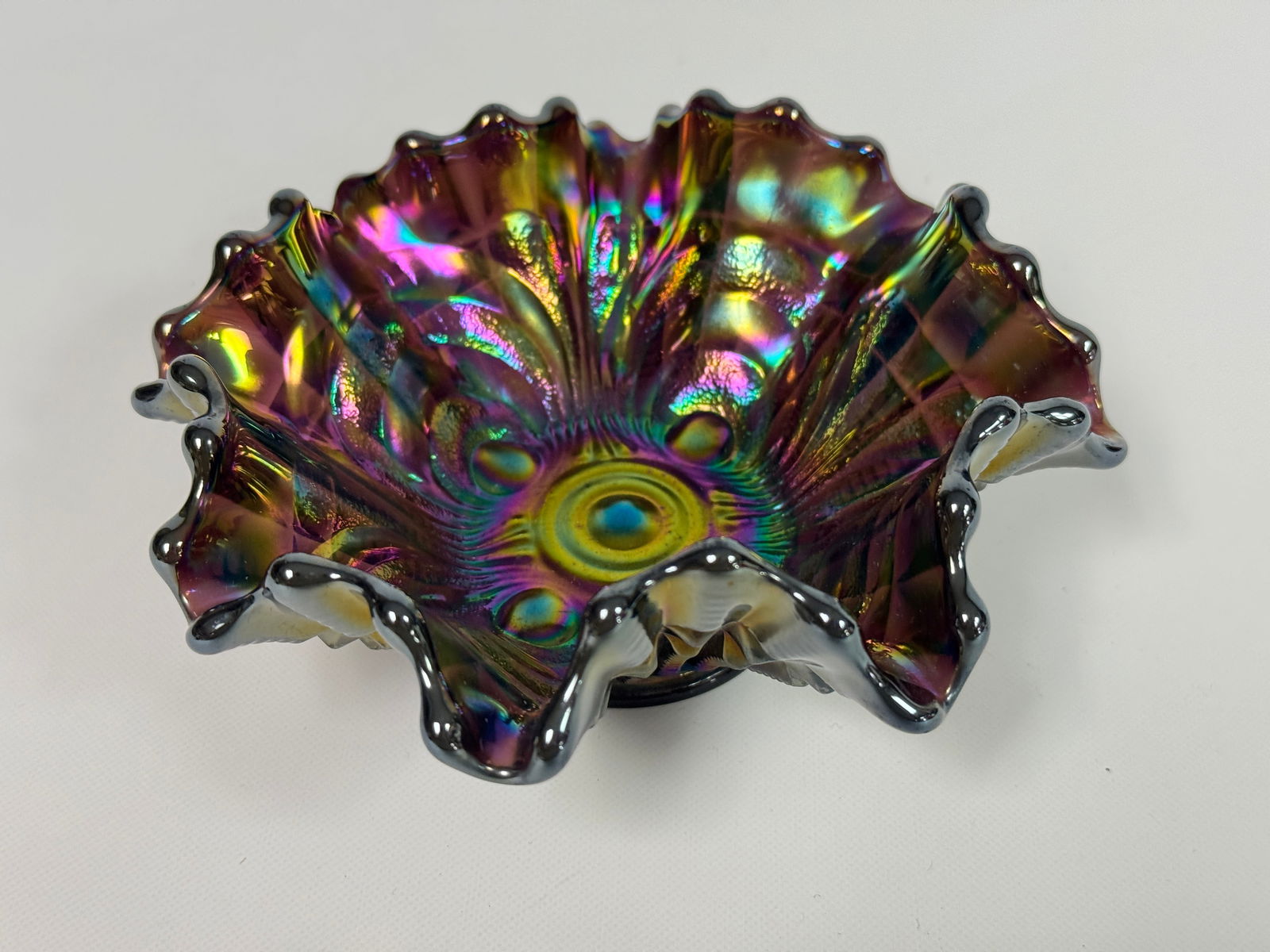 IMPERIAL CARNIVAL GLASS EMBOSSED SCROLL DESSERT DISH (1 of 4)