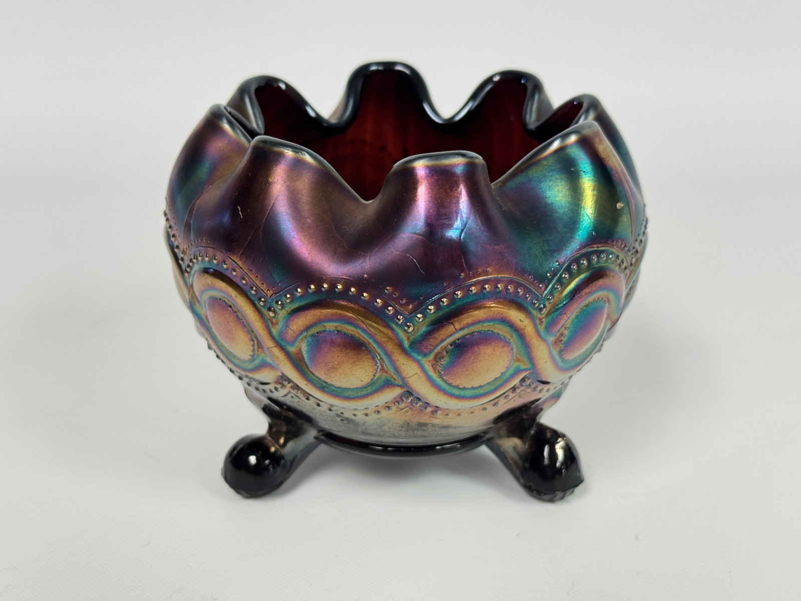 NORTHWOOD BEADED CABLE AMETHYST CARNIVAL GLASS ROSE BOWL: REMAINS IN VERY GOOD CONDITION, NO CHIPS OR CRACKS.