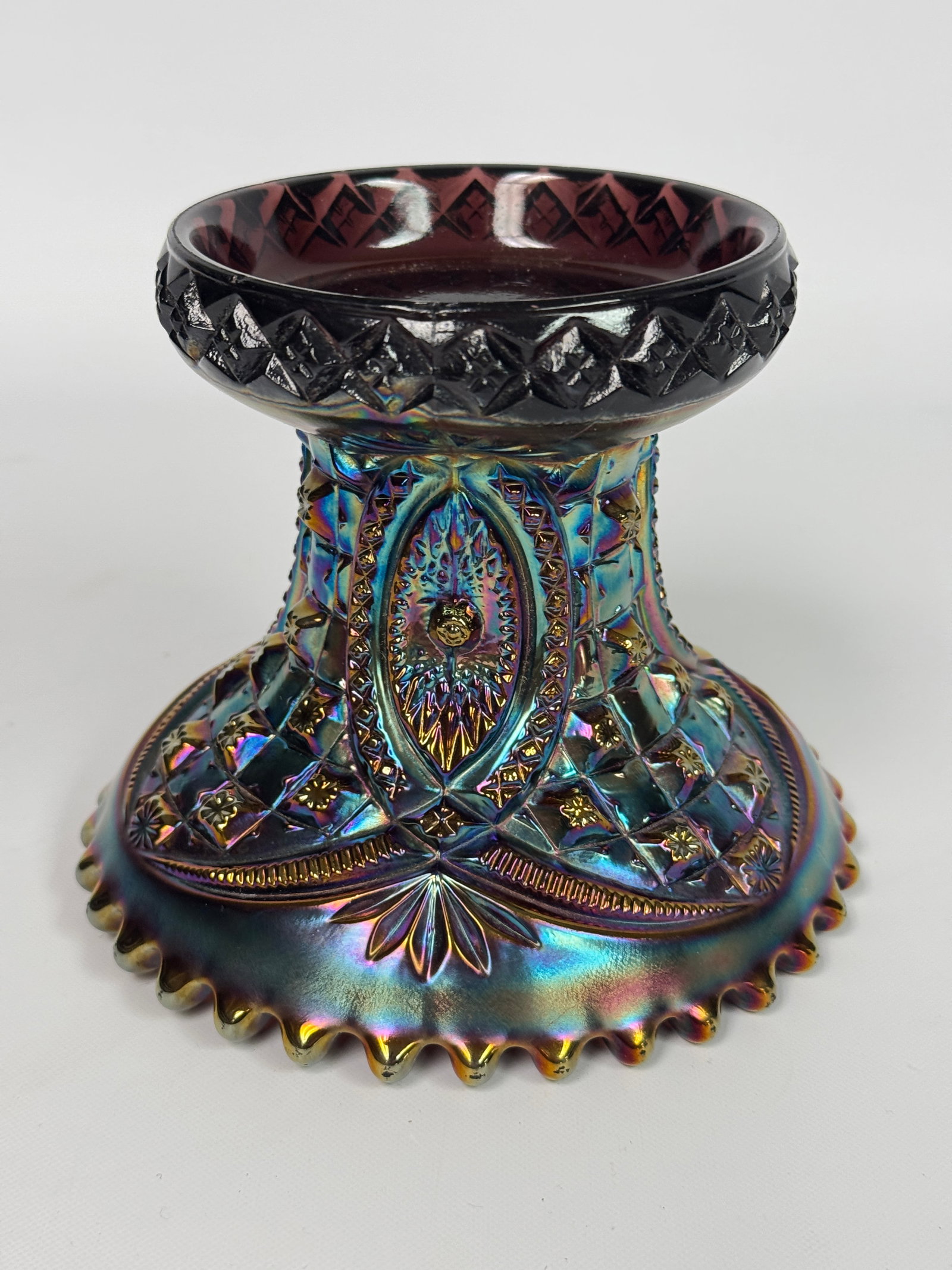 NORTHWOOD MEMPHIS ELECTRIC BLUE CARNIVAL GLASS PUNCH BOWL BASE: BASE ONLY REMAINS IN VERY GOOD CONDITION. NO CHIPS OR CRACKS.