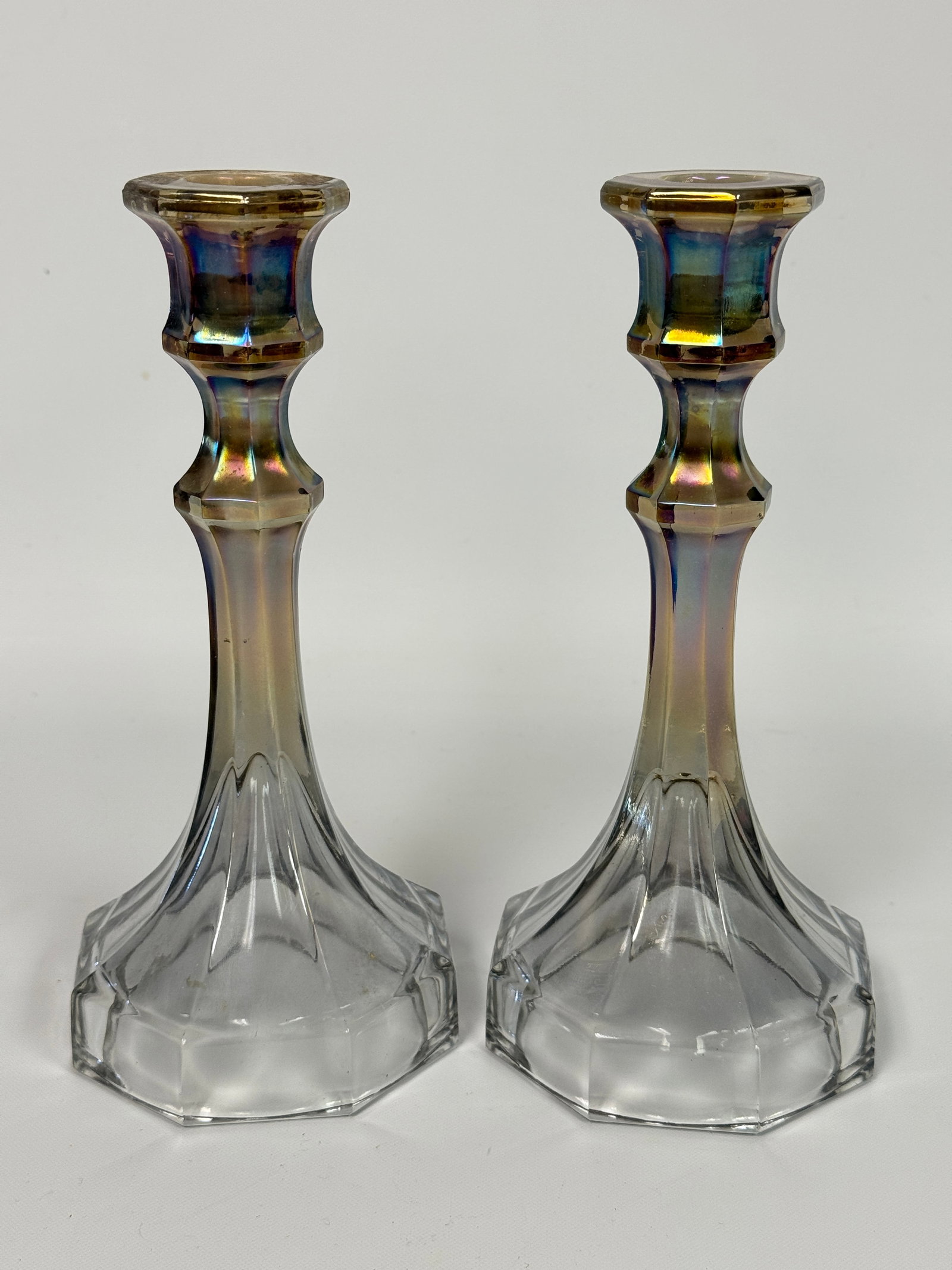 IMPERIAL CARNIVAL GLASS CANDLESTICKS: BOTH REMAIN IN VERY GOOD CONDITION, NO CHIPS OR CRACKS.