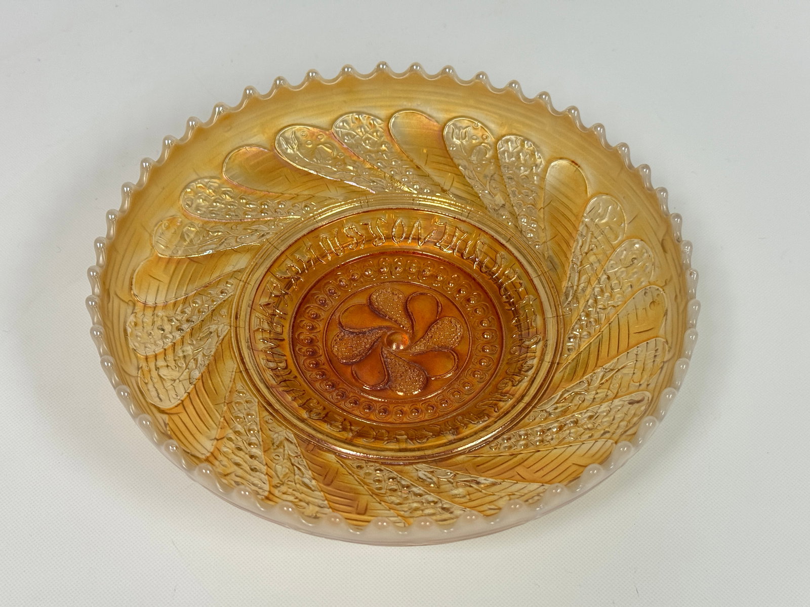 PEACH OPALESCENT ROUND UP CARNIVAL GLASS BOWL: REMAINS IN VERY GOOD CONDITION, NO CHIPS OR CRACKS.
