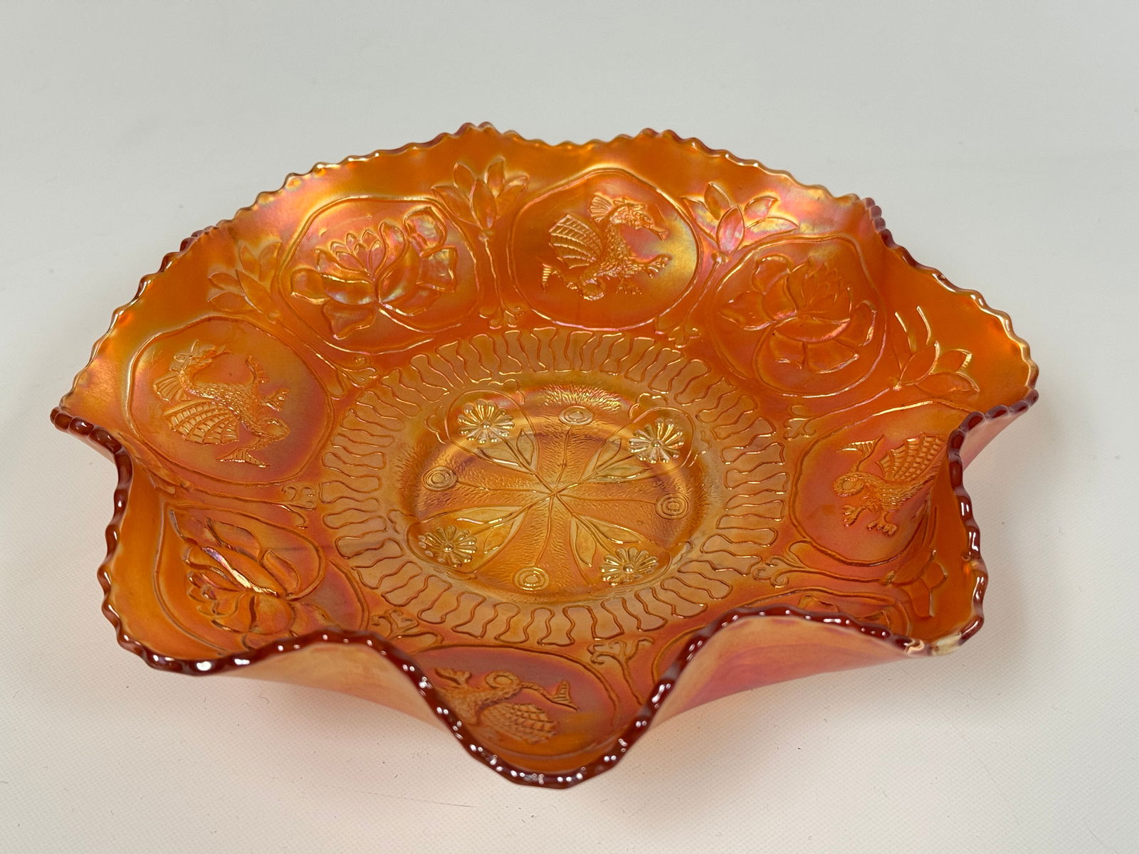 NORTHWOOD DRAGON & LOTUS MARIGOLD CARNIVAL GLASS BOWL: REMAINS IN VERY GOOD CONDITION, NO CHIPS OR CRACKS.