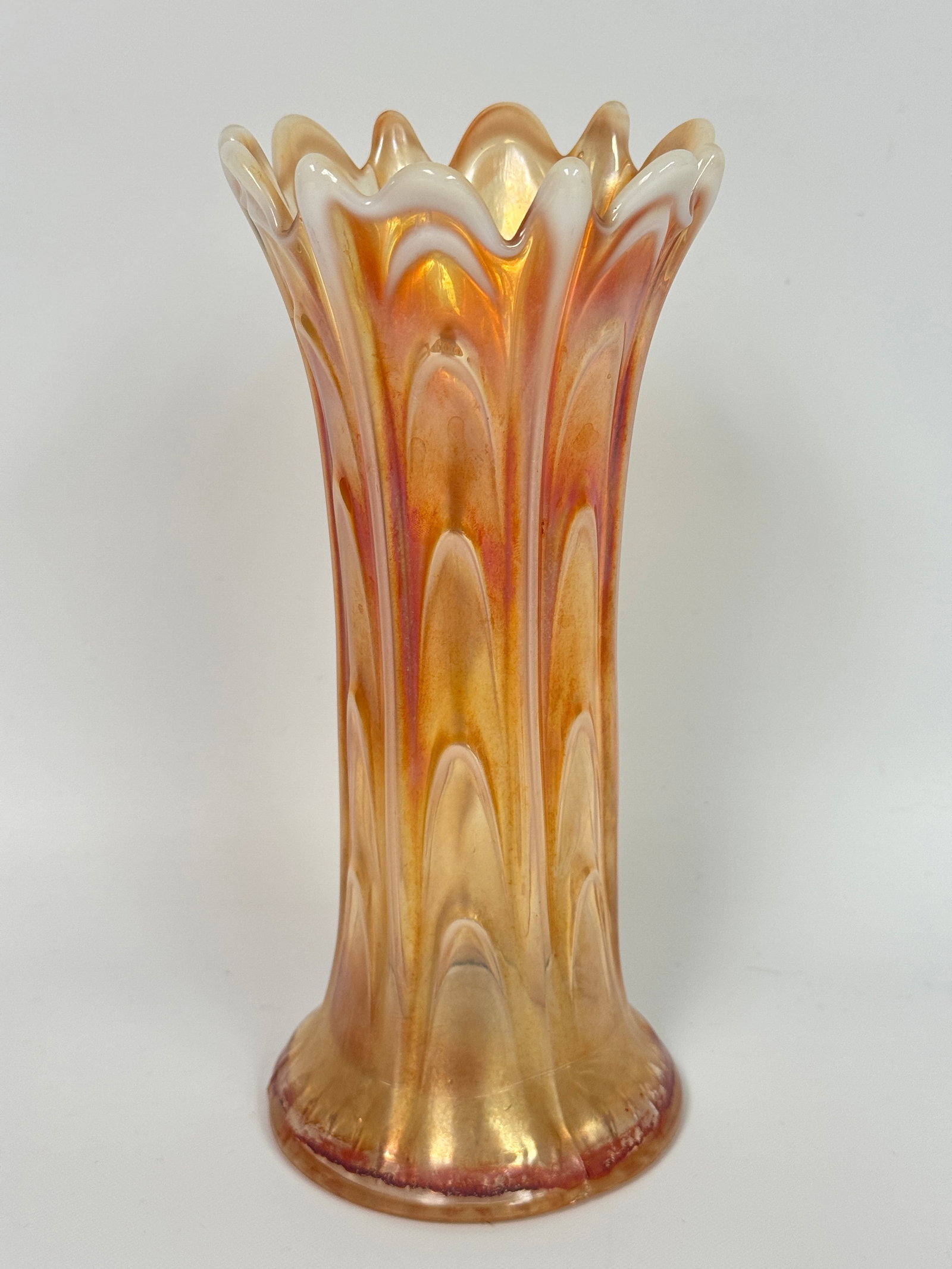 MARIGOLD OPALESCENT CARNIVAL GLASS STRETCH VASE: REMAINS IN GOOD CONDITION, NO CHIPS OR CRACKS.