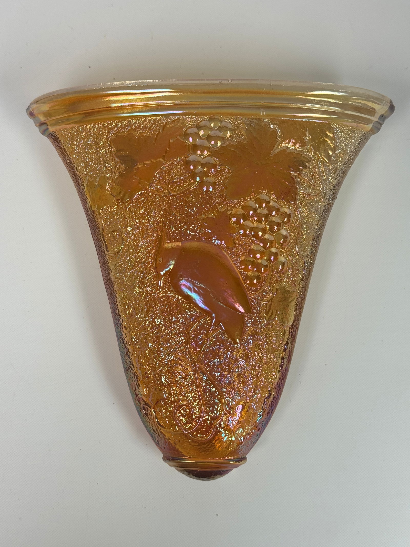 DUGAN COCKATOO & GRAPES MARIGOLD CARNIVAL GLASS WALL POCKET (1 of 5)