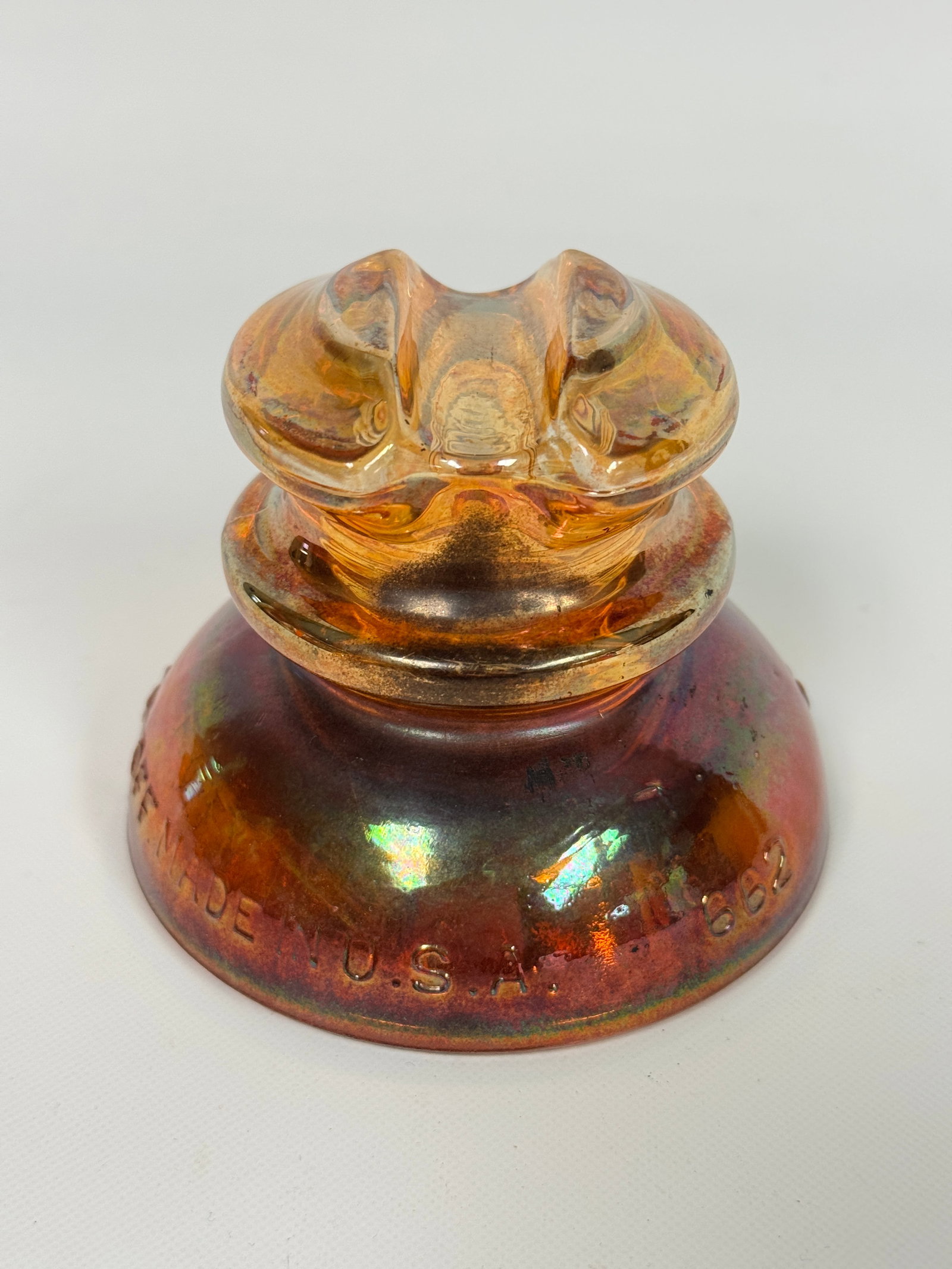 CORNING PYREX CARNIVAL GLASS INSULATOR: REMAINS IN VERY GOOD CONDITION, NO CHIPS OR CRACKS.