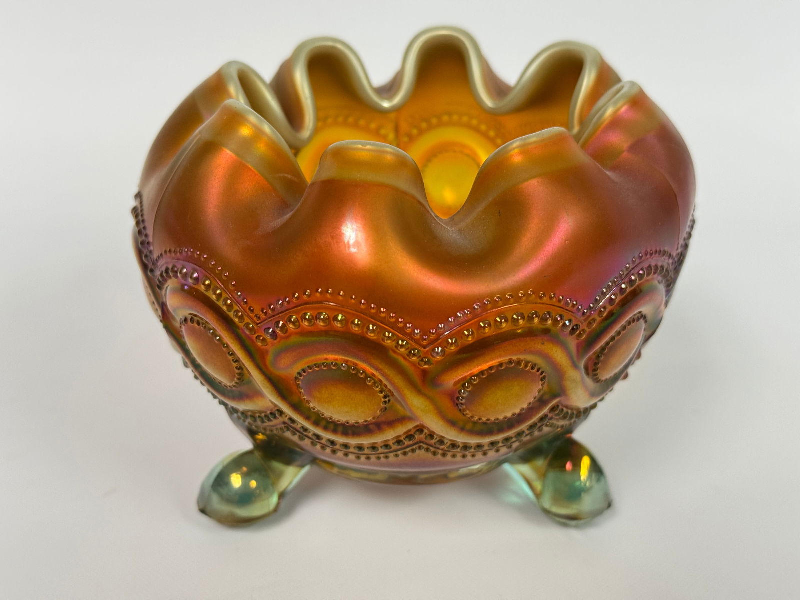 NORTHWOOD AQUA OPALESCENT BEADED CABLE ROSE BOWL: REMAINS IN VERY GOOD CONDITION, NO CHIPS OR CRACKS.