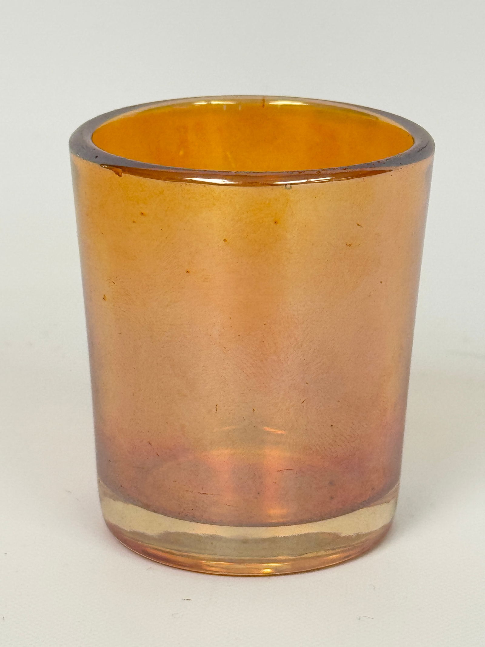 MARIGOLD CARNIVAL GLASS 2 1/2" SHOTGLASS: REMAINS IN GOOD CONDITION, HOWEVER SHOWS A FEW SMALL CHIPS ON BASE.