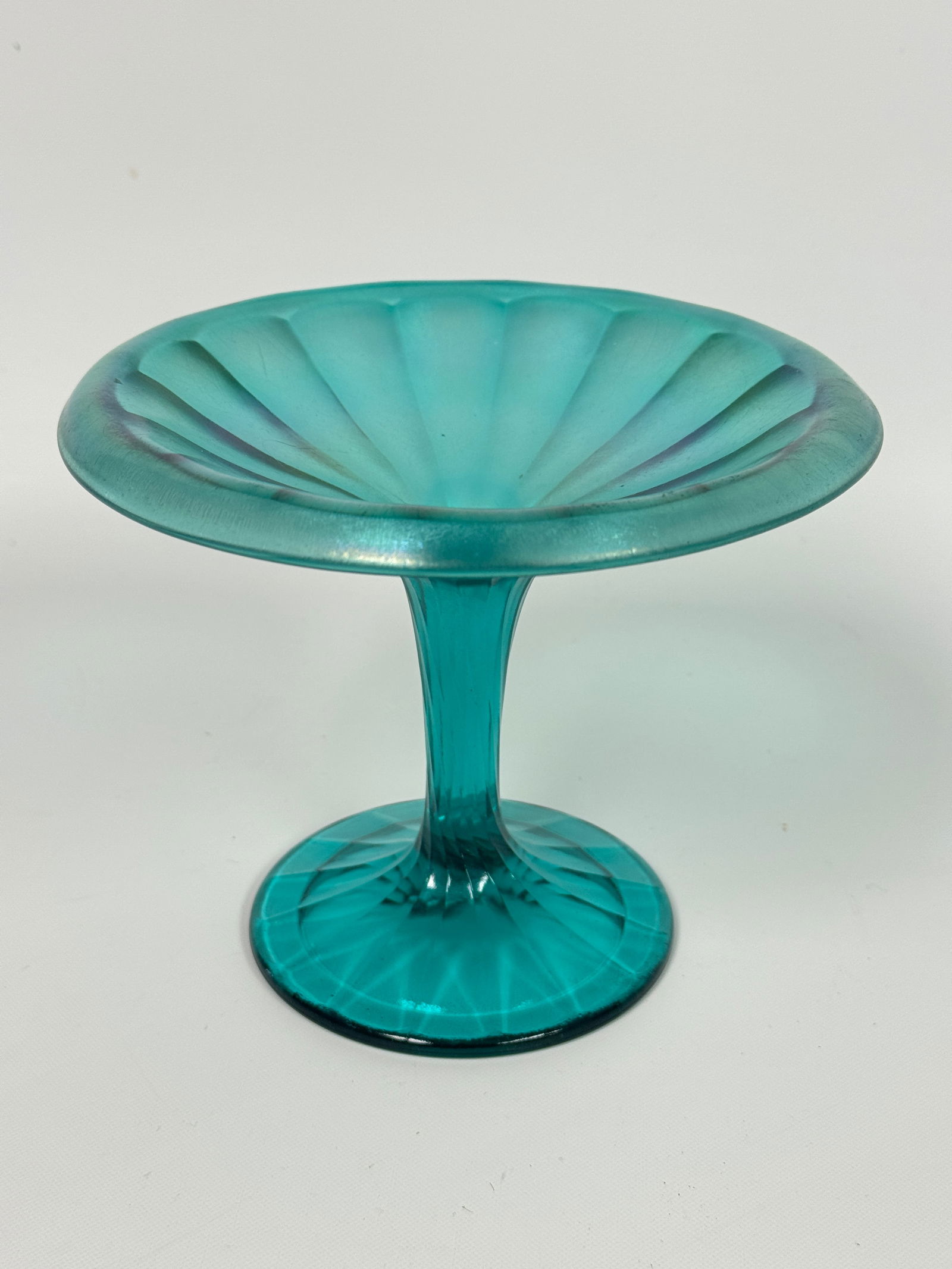 IMPERIAL GLASS IRIDESCENT COMPOTE: REMAINS IN VERY GOOD CONDITION, NO CHIPS OR CRACKS.