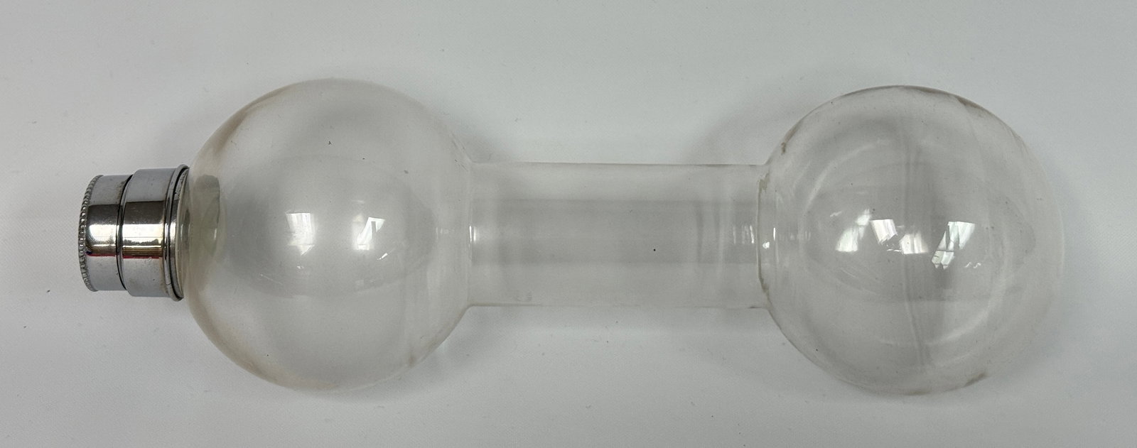 VINTAGE MCM CLEAR GLASS DUMBBELL COCKTAIL SHAKER: REMAINS IN GOOD CONDITION, NO CHIPS OR CRACKS. NEEDS CLEANED.
