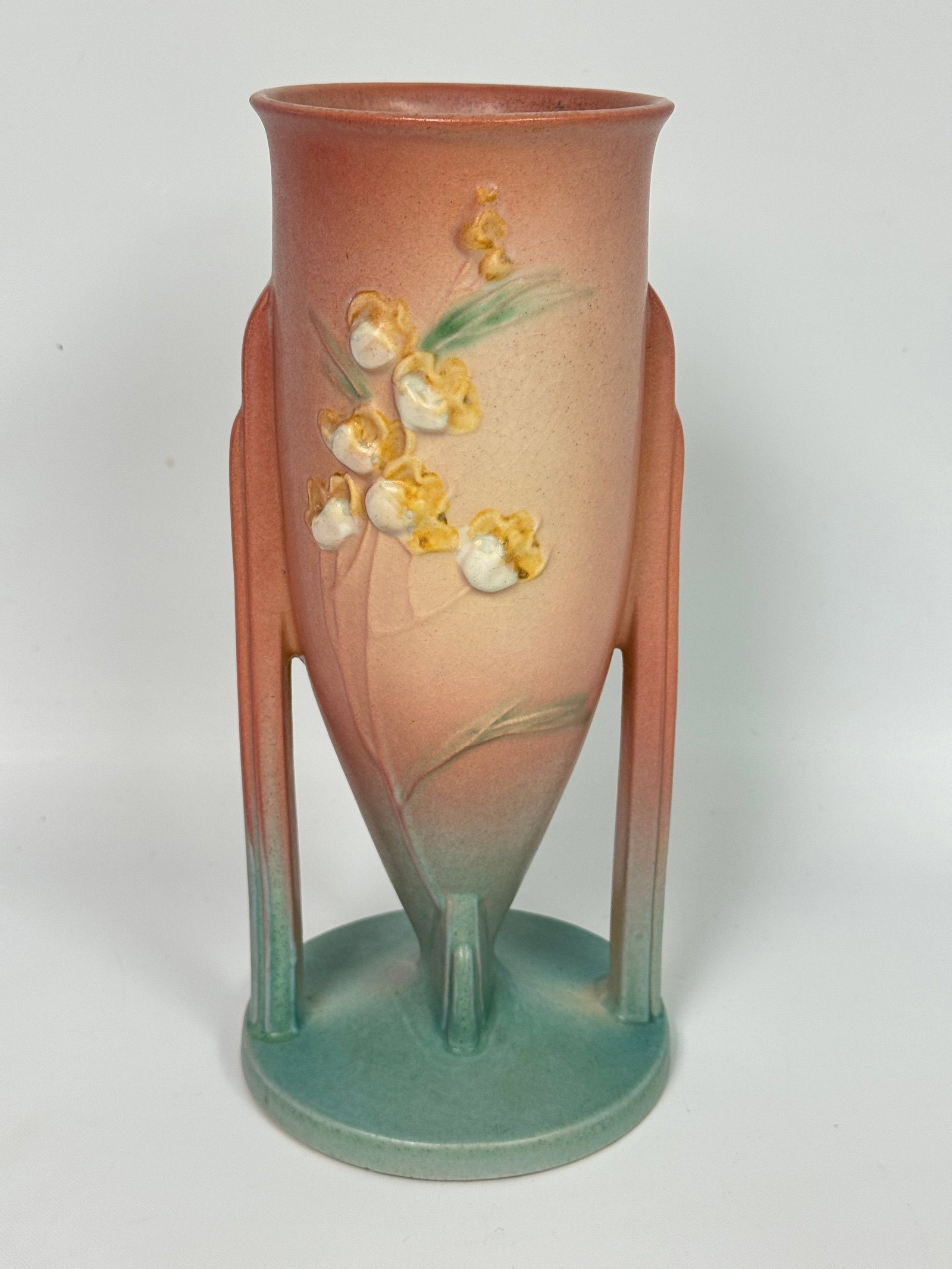 ROSEVILLE ART POTTERY 10" PINK IXIA DOUBLE HANDLE FLOWER VASE: REMAINS IN GOOD CONDITION, NO CHIPS OR CRACKS.