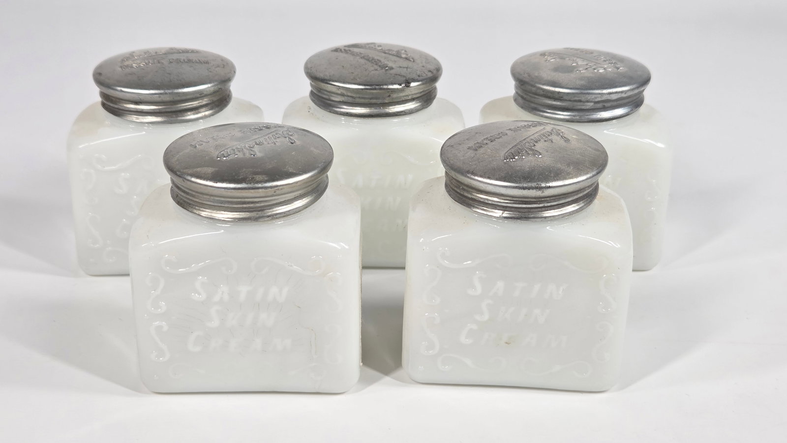 5) ANTIQUE MILK GLASS SATIN SKIN CREAM JARS (1 of 5)