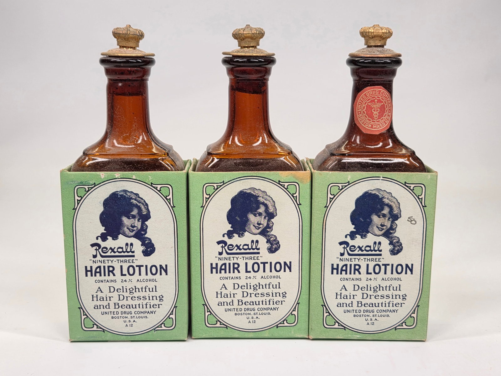 3) REXALL HAIR LOTION GLASS BOTTLES W/ BOX (1 of 3)