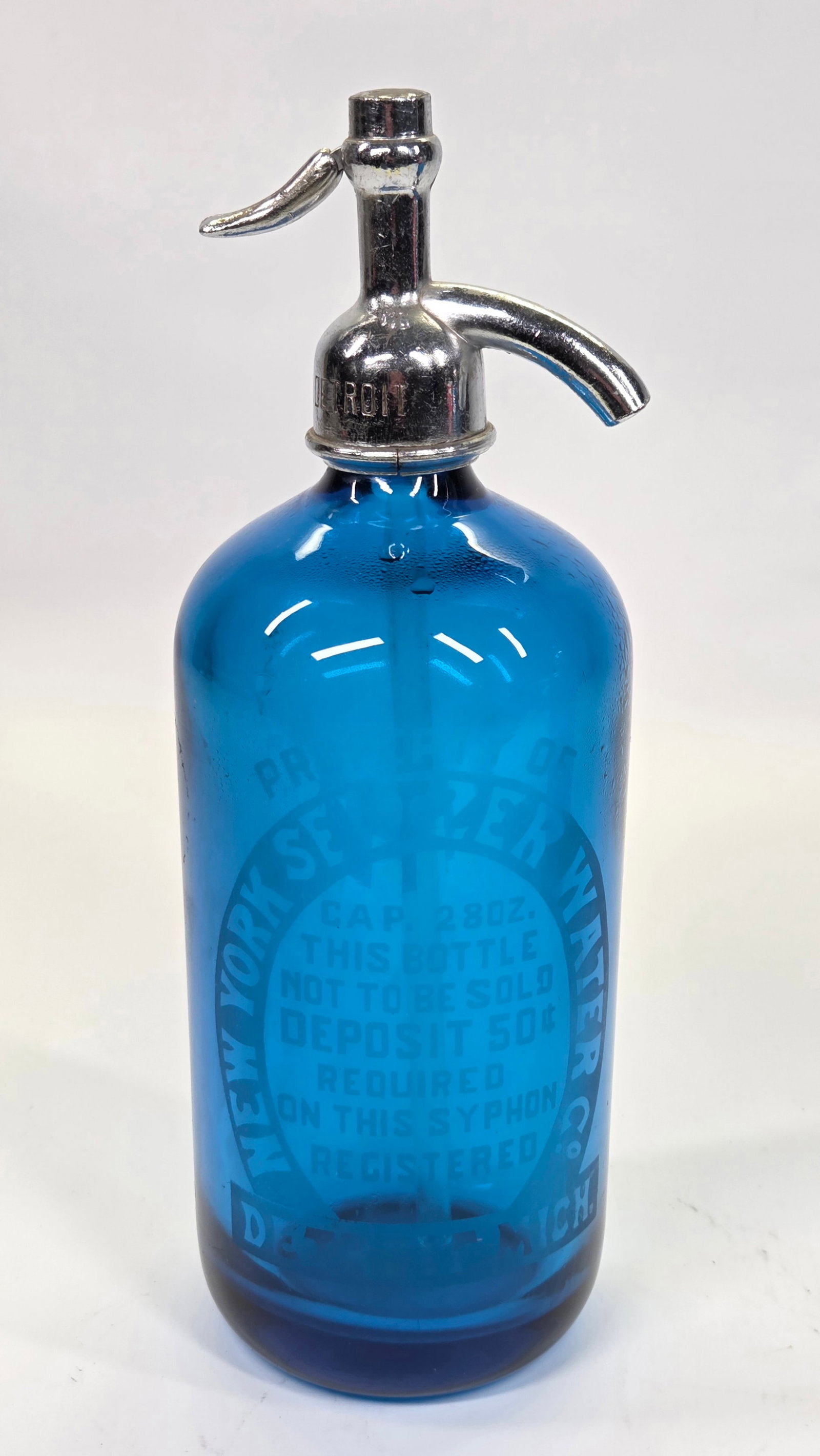 CZECHOSLOVAKIA COBALT BLUE NEW YORK SELTZER BOTTLE: REMAINS IN GOOD CLEAN CONDITION. NO CHIPS OR CRACKS.