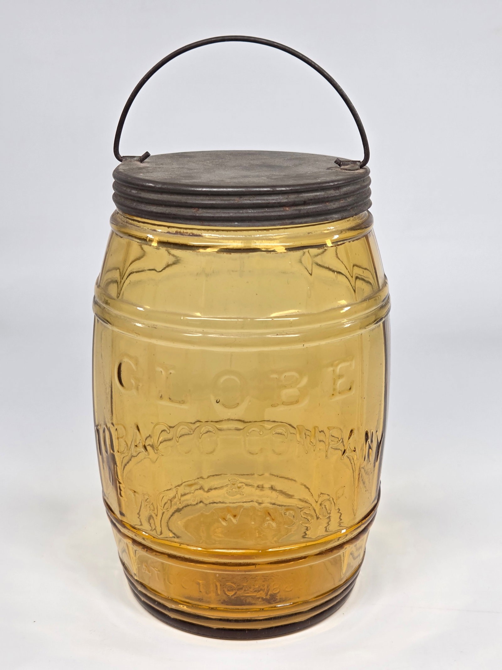 GLOBE TOBACCO CO. AMBER GLASS BARREL JAR W/ HANDLE (1 of 5)
