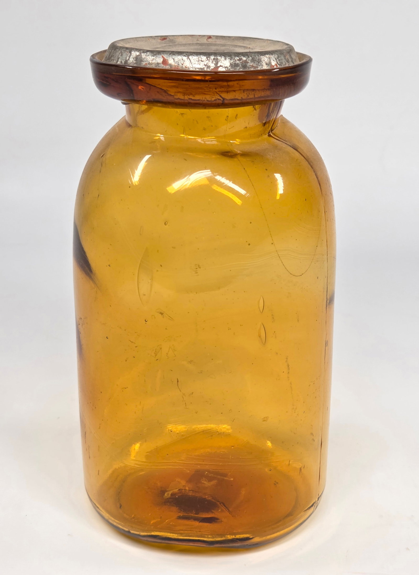 ANTIQUE HAND BLOWN AMBER GLASS STORAGE JAR (1 of 3)