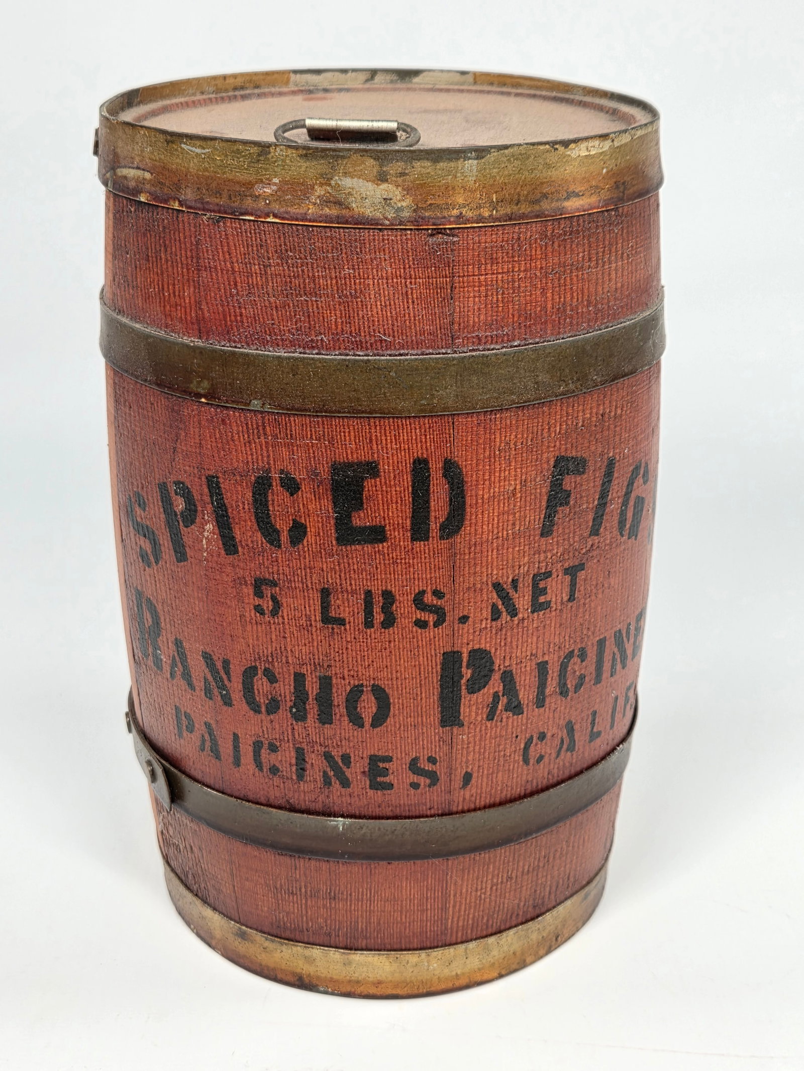 RANCHO PAICINES SPICED FIG 5 LB. WOOD BARREL: REMAINS IN GOOD CONDITION, SHOWING SOME TYPICAL WEAR.