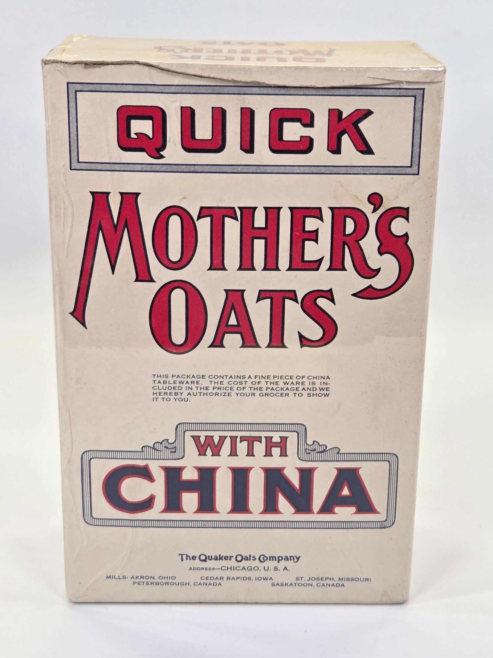 QUICK MOTHER'S OATS WITH CHINA ADVERTISING BOX: REMAINS IN GOOD CONDITION, SHOWING SOME TYPICAL WEAR. EMPTY.