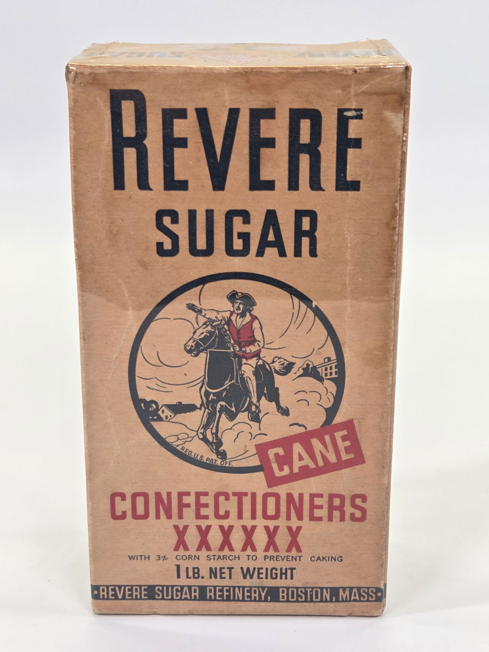REVERE CANE SUGAR CONFECTIONERS EMPTY BOX: REMAINS IN GOOD CONDITION, SHOWING SOME TYPICAL WEAR. EMPTY.