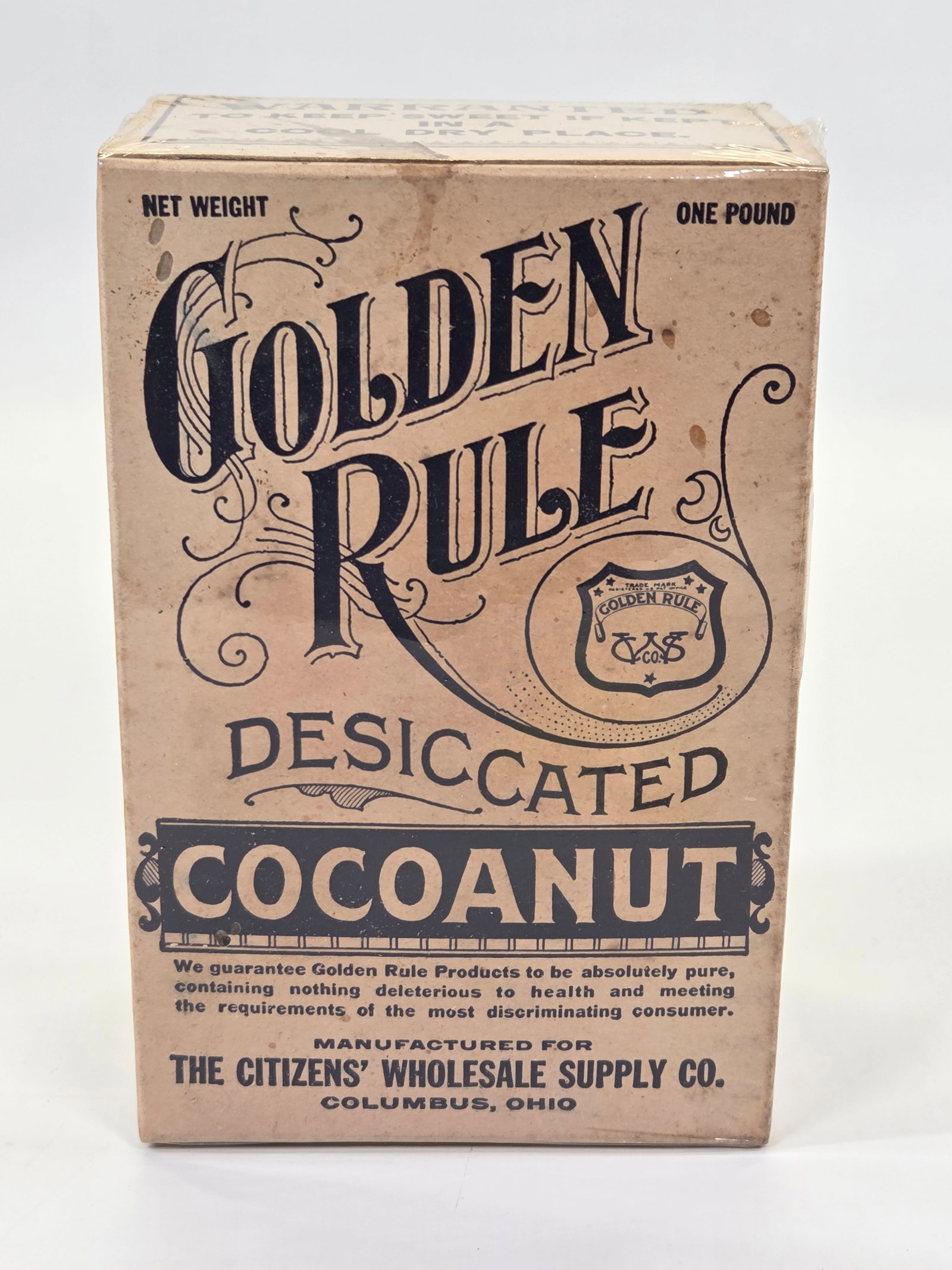 GOLDEN RULE DESICCATED COCONUT BOX: REMAINS IN GOOD CONDITION, SHOWING SOME TYPICAL WEAR. EMPTY.