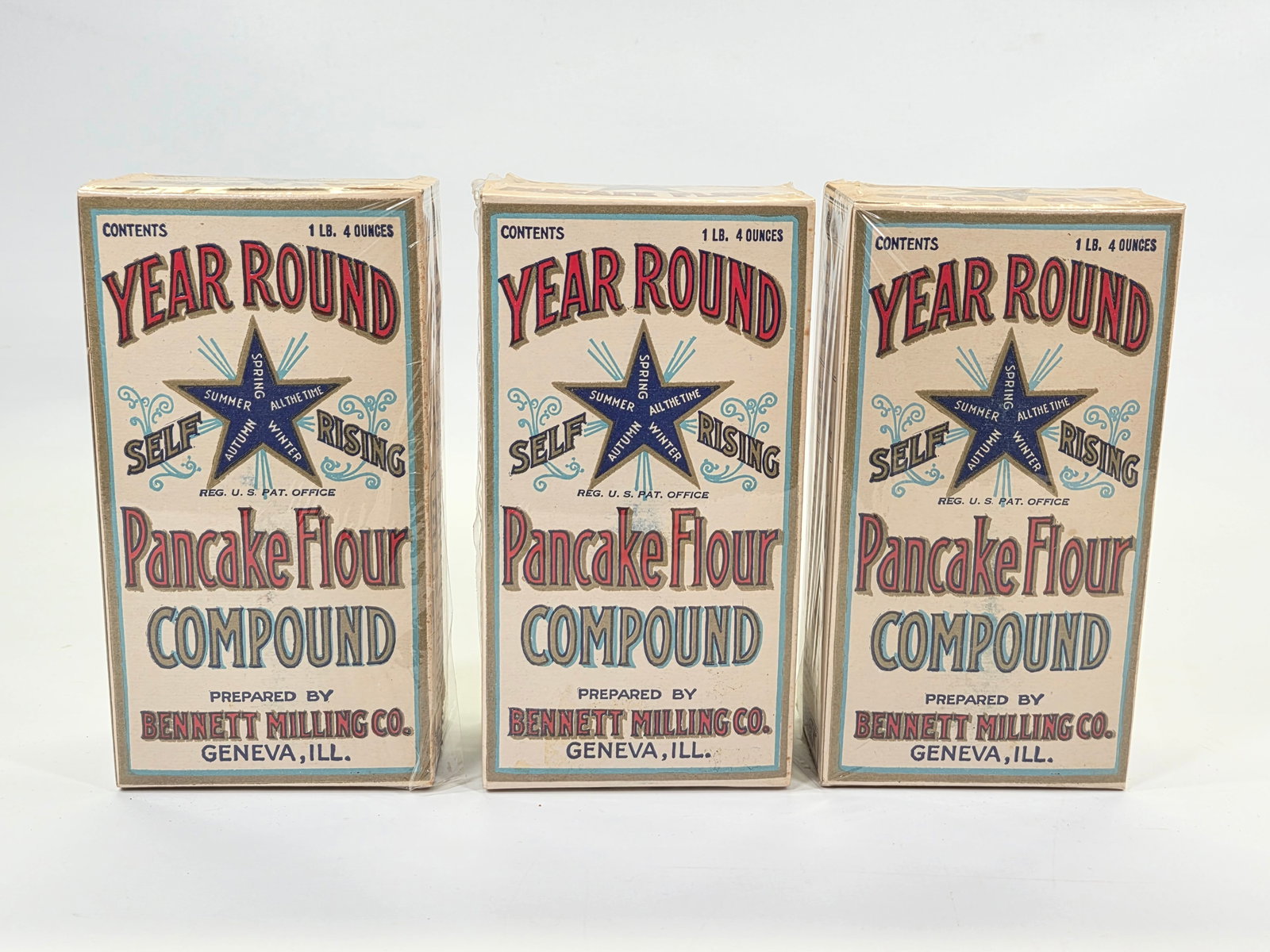 3) YEAR ROUND PANCAKE FLOUR COMPOUND BOXES: ALL REMAIN IN VERY GOOD UNOPENED CONDITION. FULL. ALL PLASTIC WRAPPED FOR DISPLAY.