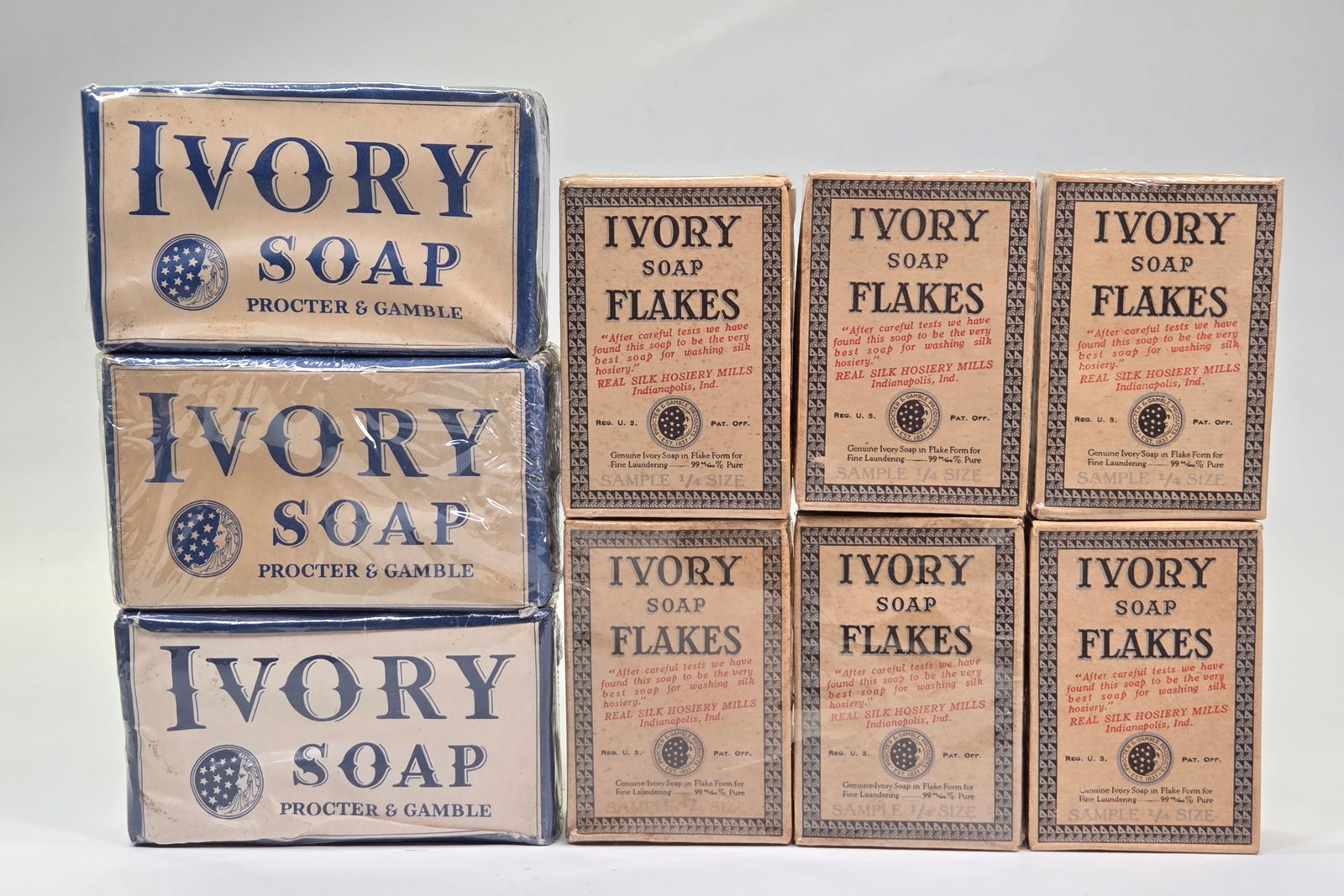6) IVORY SOAP FLAKES SAMPLES & 3) IVORY SOAP: ALL REMAIN IN GOOD UNUSED CONDITION, SHOWING SOME TYPICAL WEAR. PLASTIC WRAPPED FOR DISPLAY