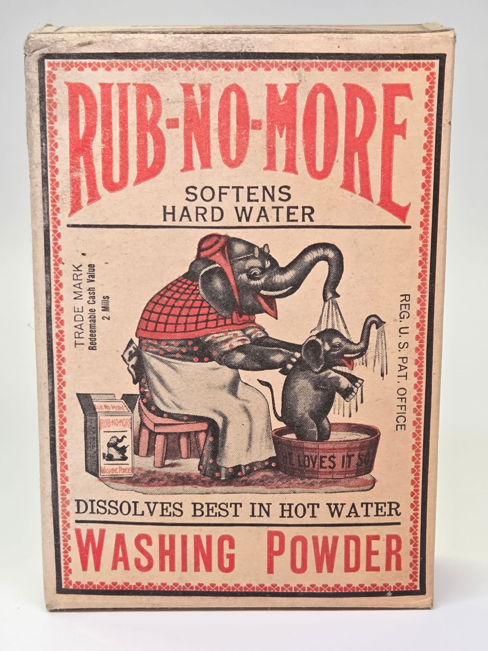 RUB-NO-MORE WASHING POWDER BOX W/ ELEPHANT: REMAINS IN GOOD CONDITION, SHOWING SOME TYPICAL WEAR. FULL UNOPENED BOX. PLASTIC WRAPPED FOR DISPLAY.