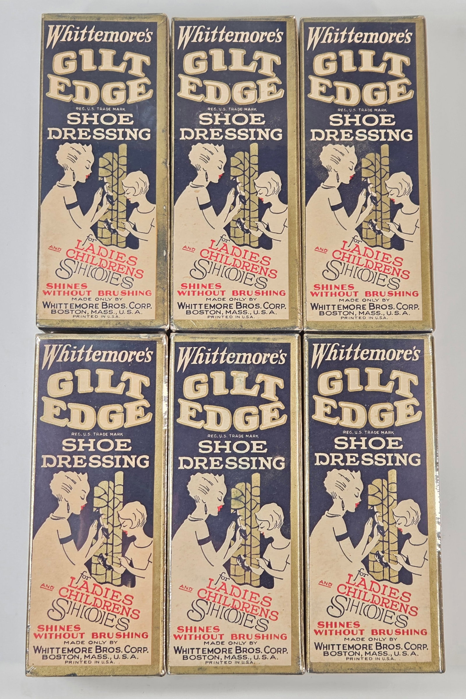 6) WHITTEMORE'S GILT EDGE SHOW DRESSING BOXES FULL: ALL REMAIN IN GOOD CONDITION, SHOWING SOME TYPICAL WEAR. FULL. PLASTIC WRAPPED FOR DISPLAY.