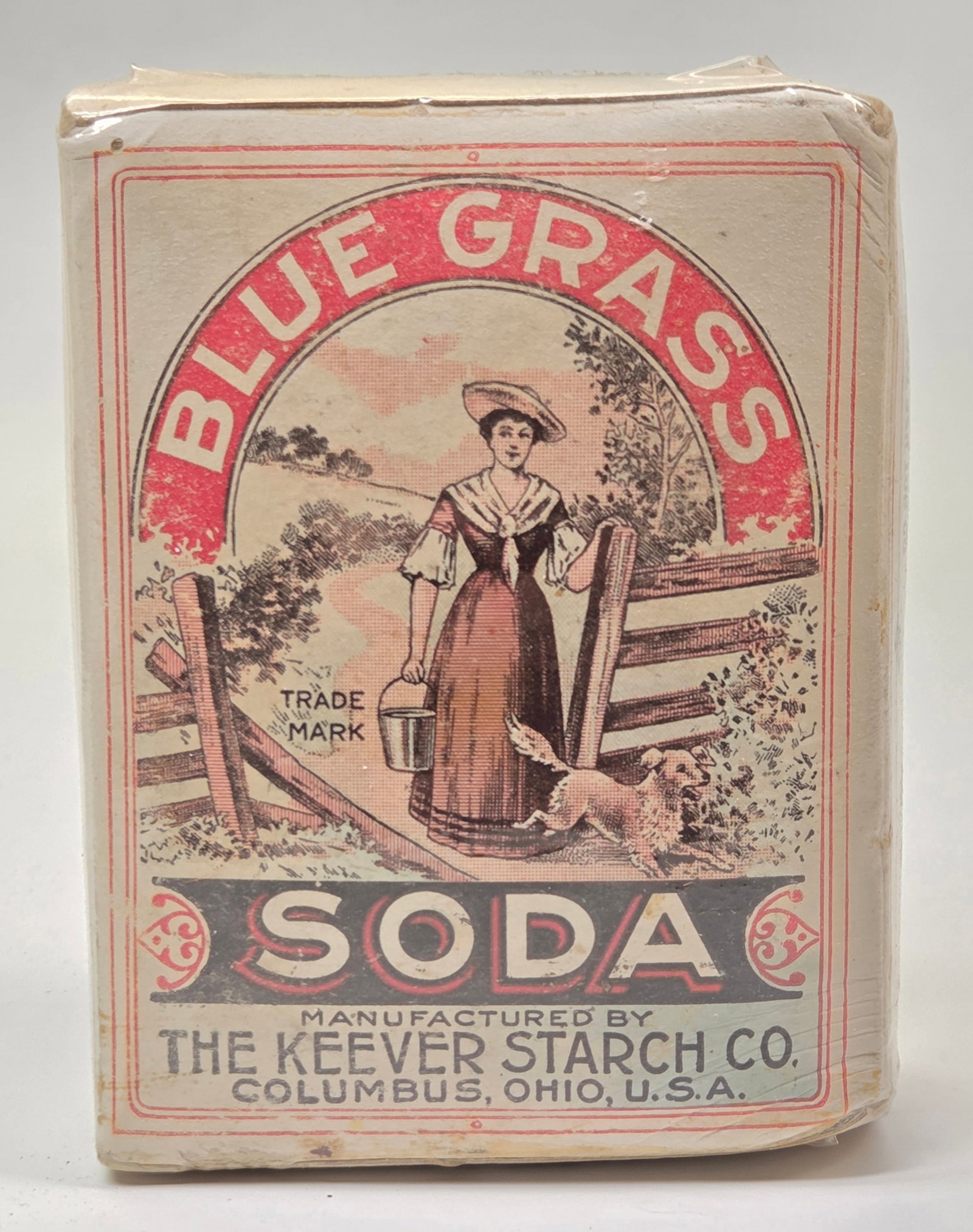 THE KEEVER STARCH CO. BLUE GRASS SODA PACKAGE: REMAINS IN FAIR TO GOOD CONDITION, SHOWING SOME TYPICAL WEAR. FULL UNOPENED BOX. PLASTIC WRAPPED FOR DISPLAY.