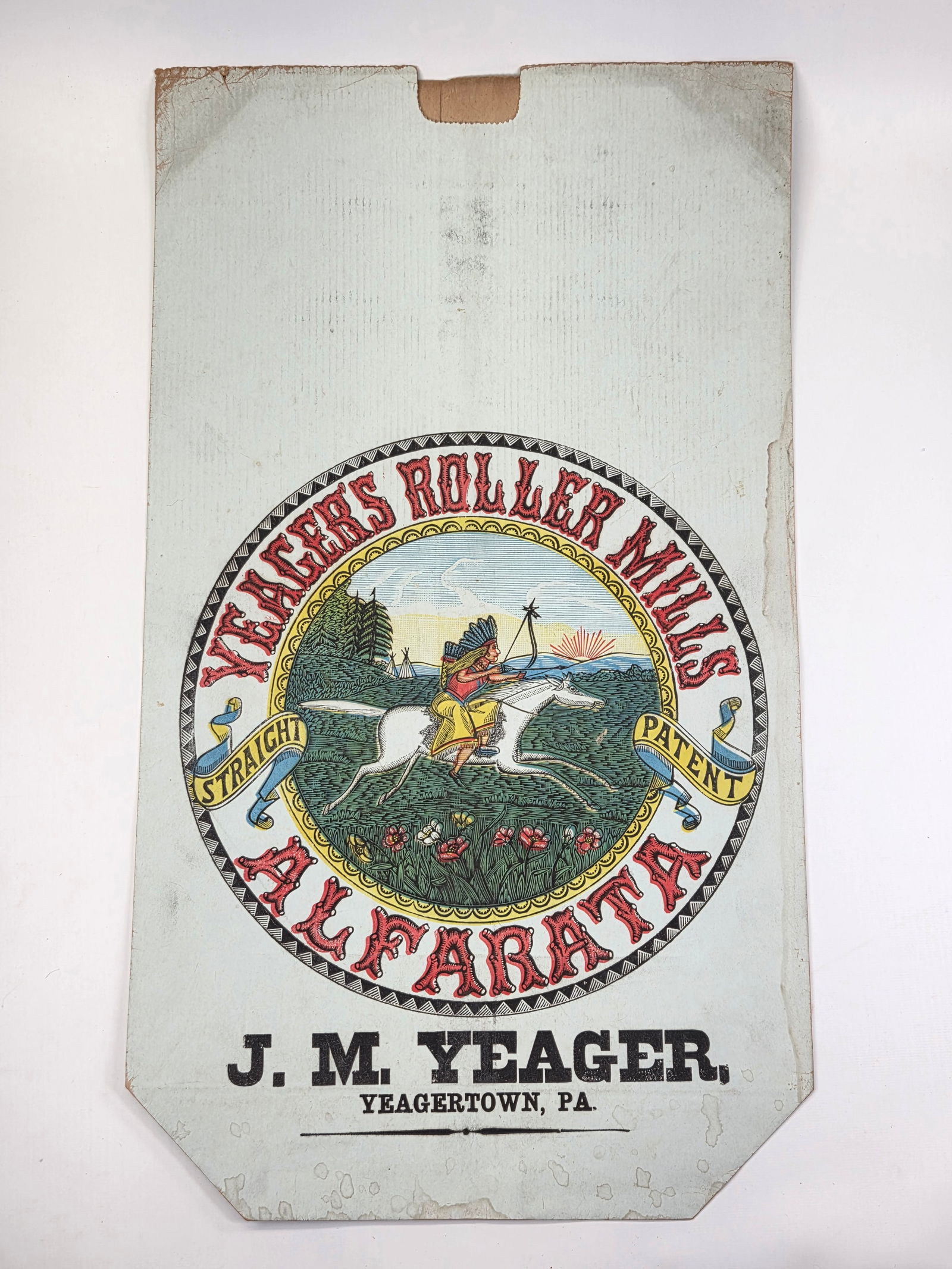 EARLY J.M. YEAGER ROLLING MILLS ALFARATA PAPER BAG: REMAINS IN GOOD UNUSED CONDITION, HOWEVER SHOWING SOME TYPICAL WEAR.