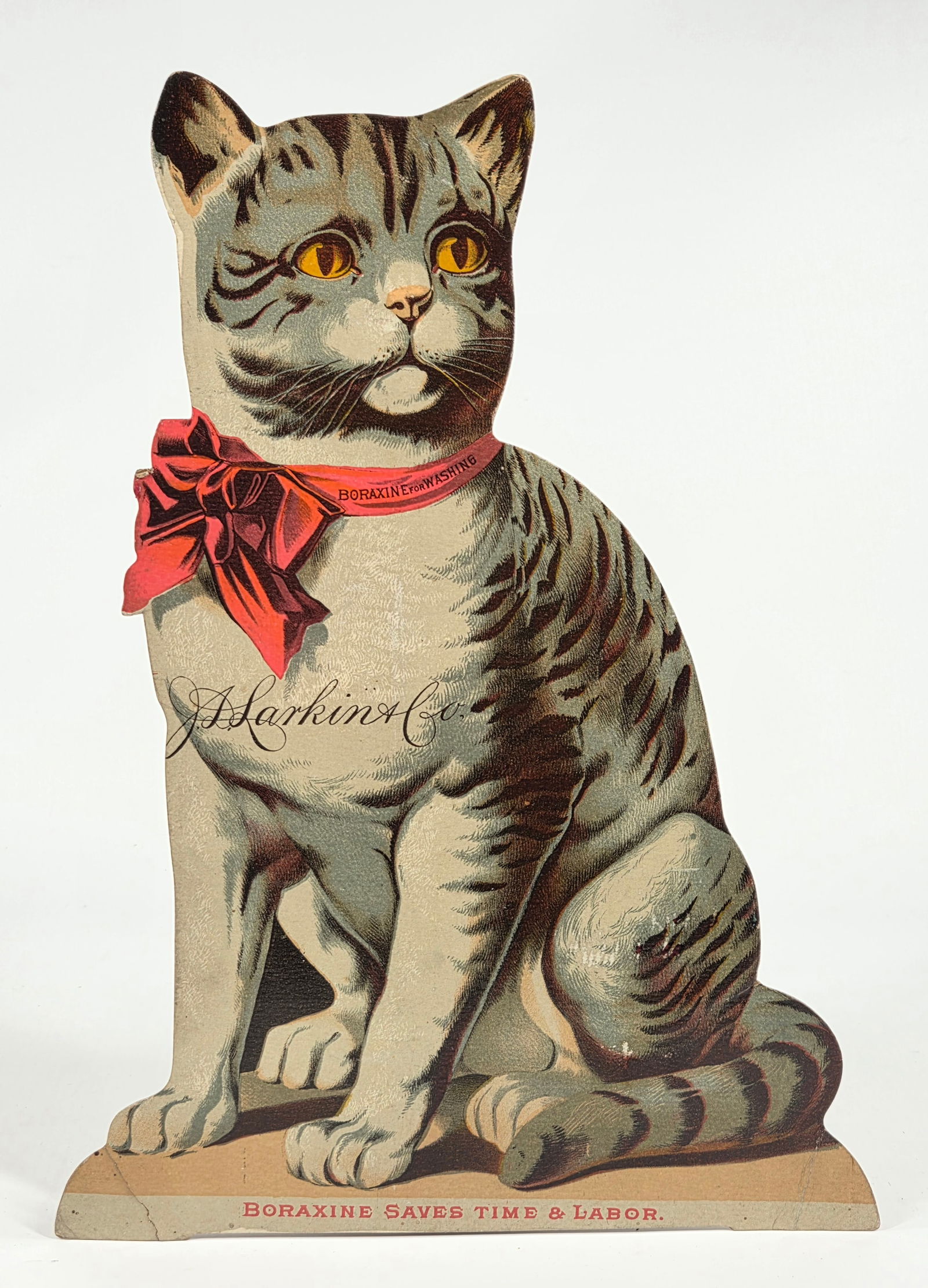 J.L. LARKIN & CO. BORAXINE WASHING ADVERTISING CAT COUNTER DISPLAY: REMAINS IN GOOD CONDITION, SHOWING SOME MINIMAL WEAR. BOTTOM CORNERS SHOW CREASES. SMALL TEAR AT TAIL. ORIGINAL EASEL.