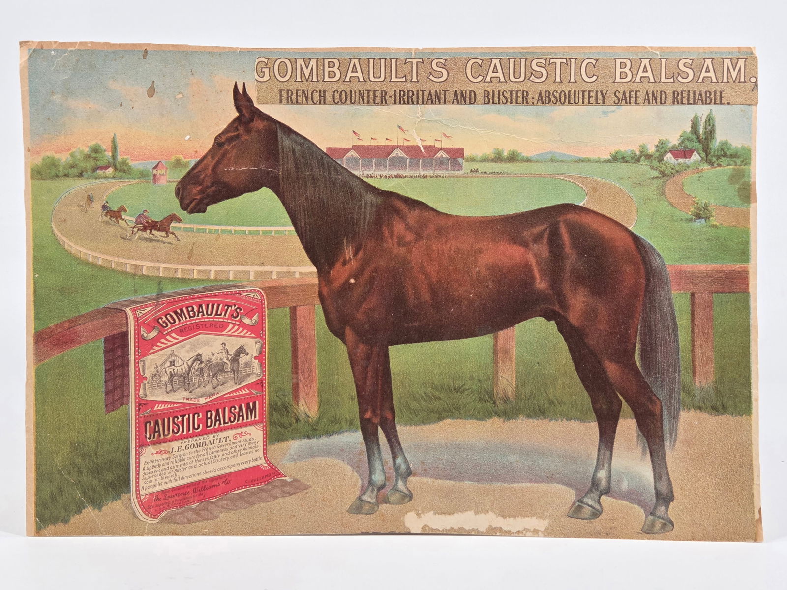 GOMBAULT'S CAUSTIC BALSAM ADVERTISING CARDBOARD SIGN: REMAINS IN FAIR CONDITION, SHOWING WEAR. CREASES AND SOME LITHO LOSS. TOP PIECE CUTOUT AND ADDED.