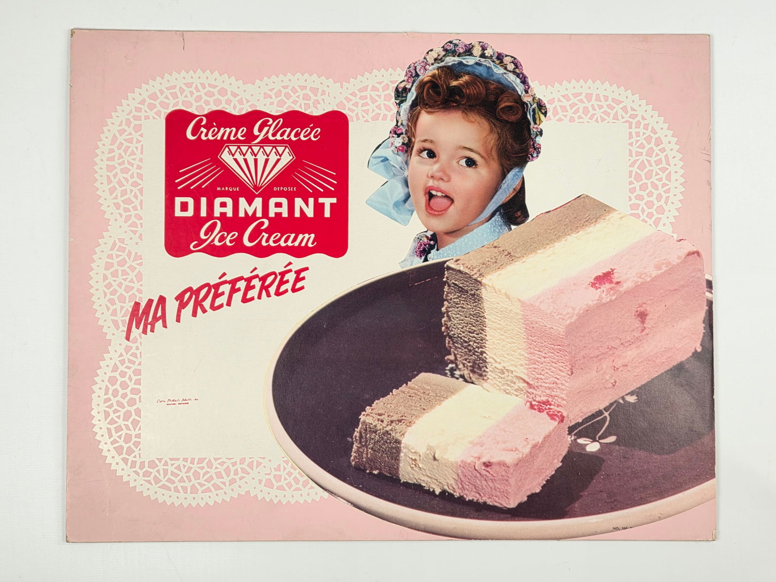 CREME GLACEE DIAMANT ICE CREAM CARDBOARD COUNTER SIGN: REMAINS IN VERY GOOD CONDITION, SHOWING SOME TYPICAL WEAR ORIGINAL EASEL