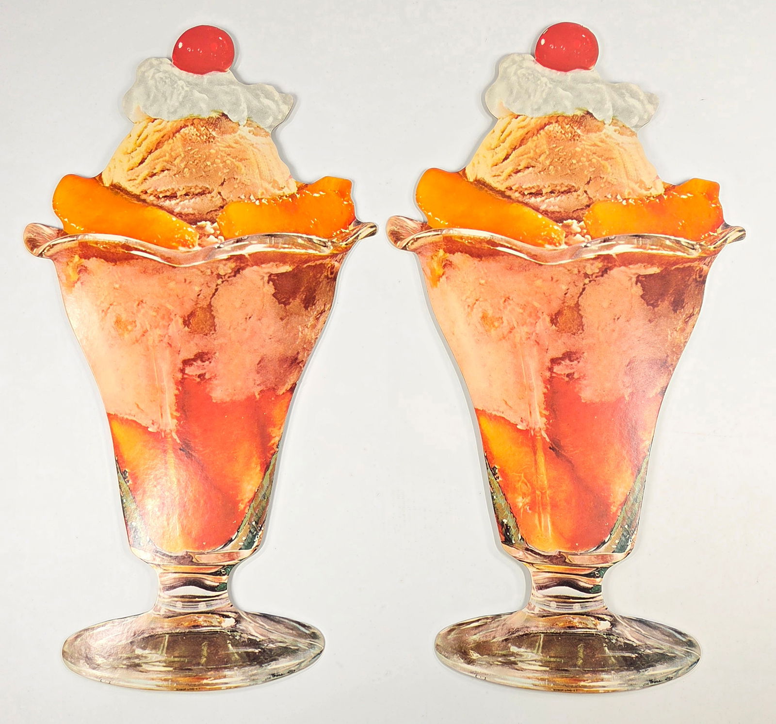 2) SCHMIDT LITHO PEACH SUNDAE CARDBOARD SIGNS: BOTH REMAIN IN VERY GOOD CONDITION.
