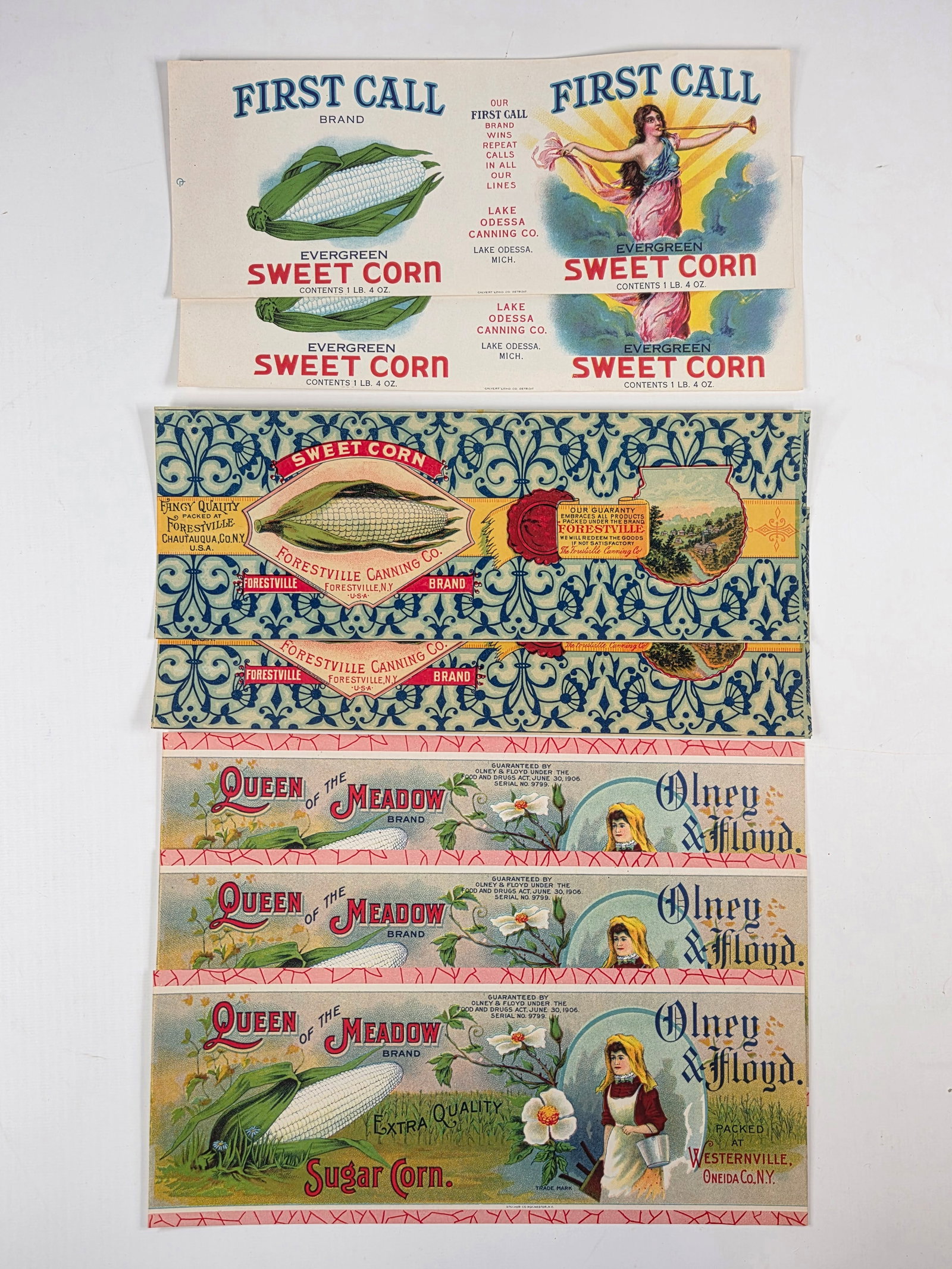 2) FIRST CALL, 2) FORESTVILLE & 3) QUEEN MEADOW CORN LABELS: ALL REMAIN IN VERY GOOD UNUSED CONDITION.