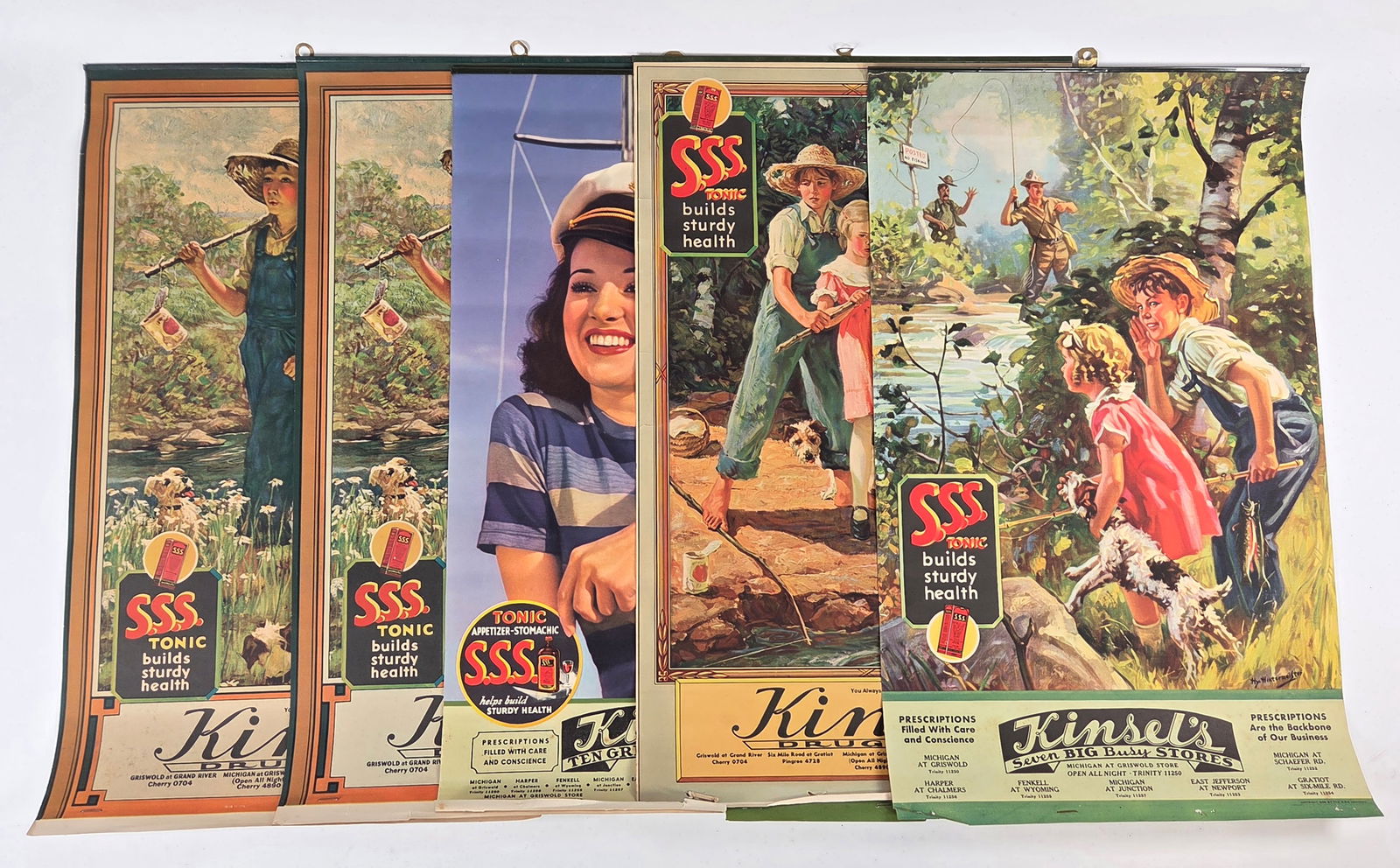 5) KINSEL'S STORE ADVERTISING S.S.S. TONIC CALENDAR TOPPERS: ALL REMAIN IN GOOD CONDITION, SHOWING SOME TYPICAL WEAR ALONG THE BOTTOM EDGE.