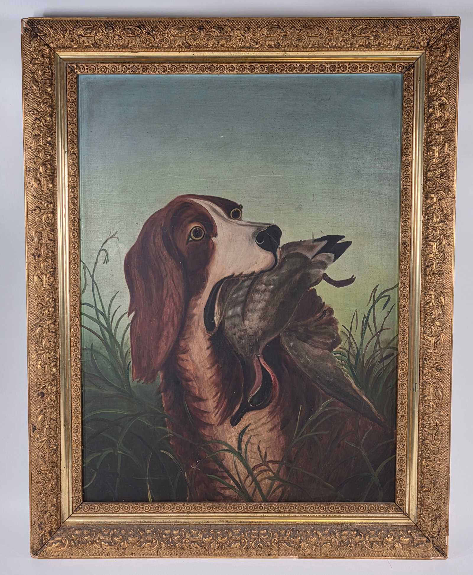 ORIGINAL ANTIQUE OIL PAINTING ON BOARD DUCK HUNTING: REMAINS IN GOOD CONDITION, SHOWING SOME LIGHT WEAR SPOTS. ANTIQUE FRAME SHOWS SOME CHIPPING.