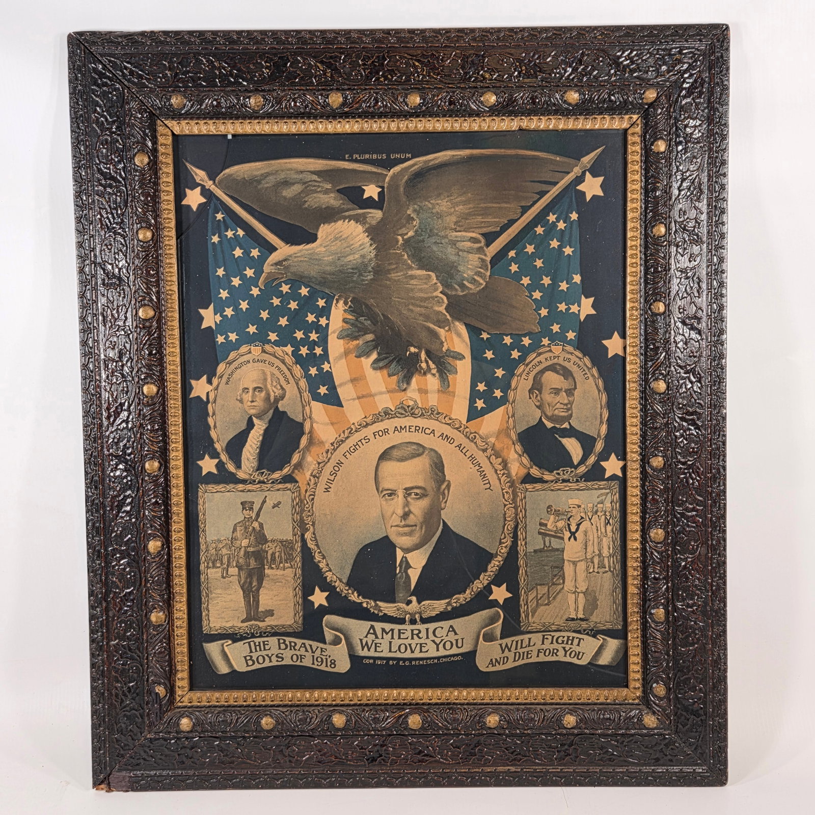 1918 WILSON POLITICAL PATRIOTIC POSTER: REMAINS IN VERY GOOD CONDITION, SHOWING SOME MINIMAL WEAR. ORIGINAL FRAME REMAINS VERY NICE, WITH SMALL CHIP IN CORNER. CRACK IN GLASS.
