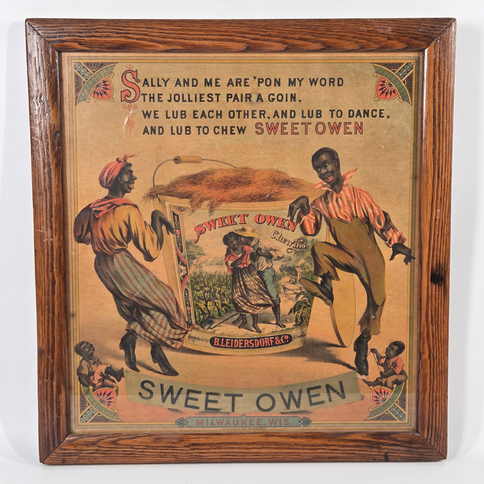 B. LEIDERSDORF & CO. SWEET OWN LITHOGRAPH: REMAINS IN FAIR TO GOOD CONDITION, SHOWING SOME CREASES AND LIGHT TEARS. OAK FRAME.