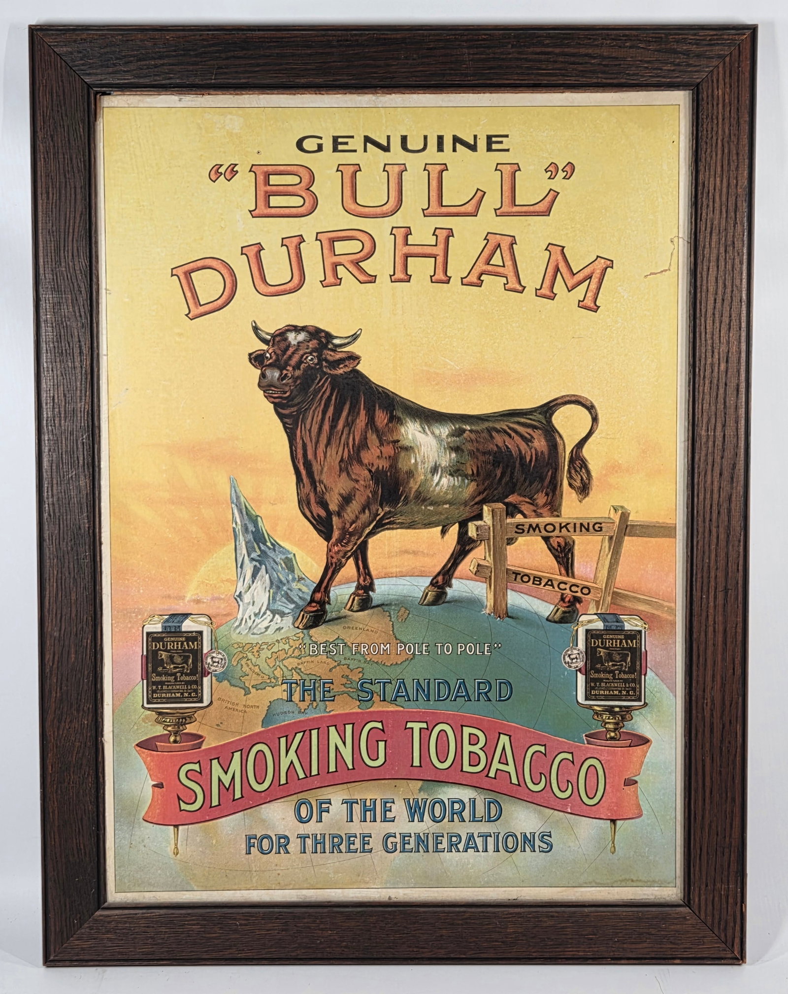 BULL DURHAM SMOKING TOBACCO LITHOGRAPH STORE SIGN: CARDBOARD SIGN REMAINS IN GOOD CONDITION, SHOWING SOME LIGHT WEAR AND SOME STAINING. SMALL TEAR ON TOP LEFT CORNER AS SHOWN. NICE COLORFUL IMAGE OF BULL ON TOP OF THE WORLD.
