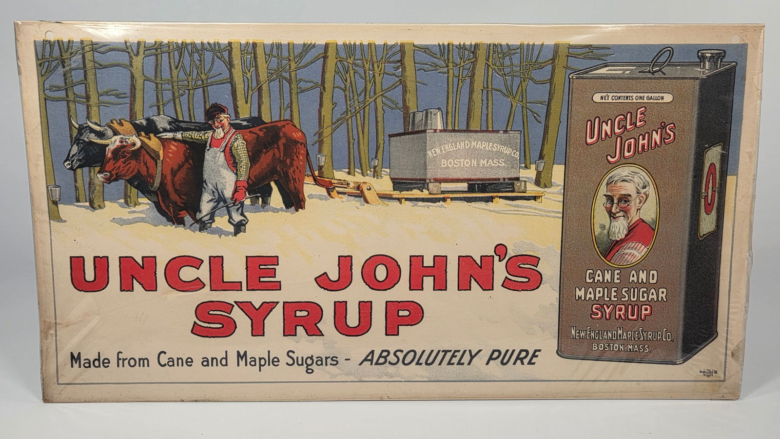 UNCLE JOHN'S SYRUP PAPER LITHOGRAPH SIGN: REMAINS IN GOOD CONDITION, SHOWING SOME LIGHT WEAR. TWO SMALL HOLES ON TOP EDGE. PLASTIC WRAPPED FOR DISPLAY.