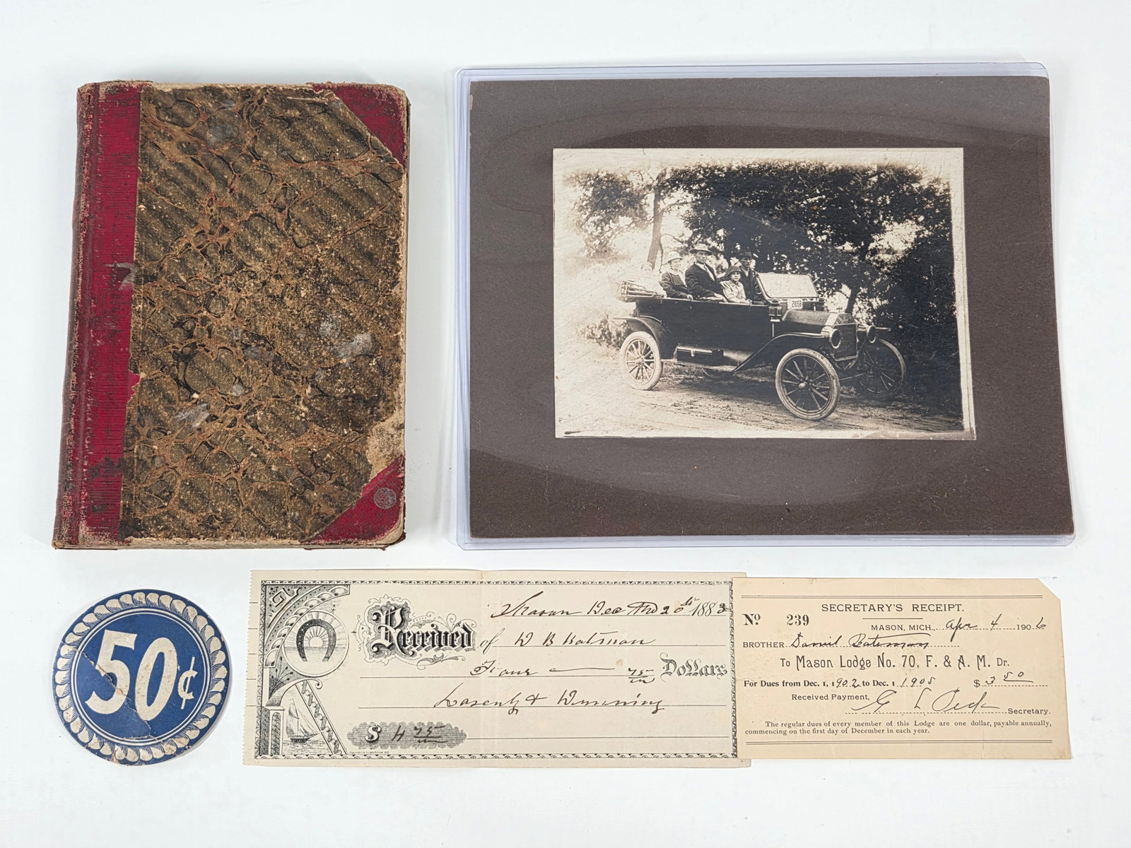 AUTOMOBILE PHOTO, MASONIC LODGE RECEIPT, 1850's LEDGER: ALL REMAIN IN GOOD CONDITION, SHOWING SOME TYPICAL WEAR. LEDGER SHOWING WEAR THROUGHOUT.